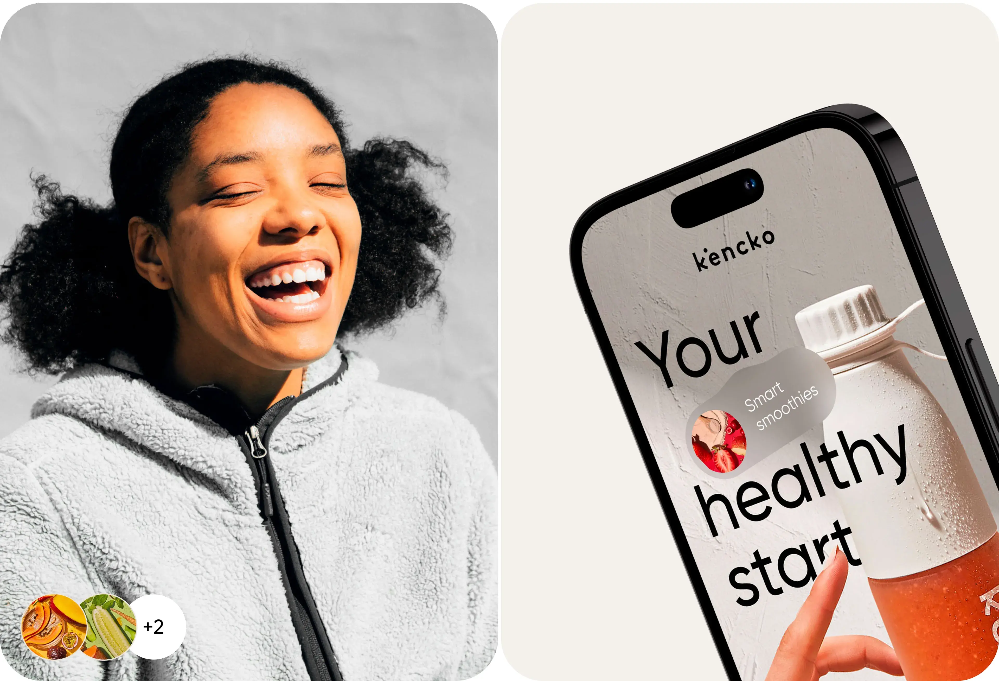 User holds a mobile phone displaying Kencko smoothies branding and text. User holds a mobile phone displaying Kencko smoothies branding and text.