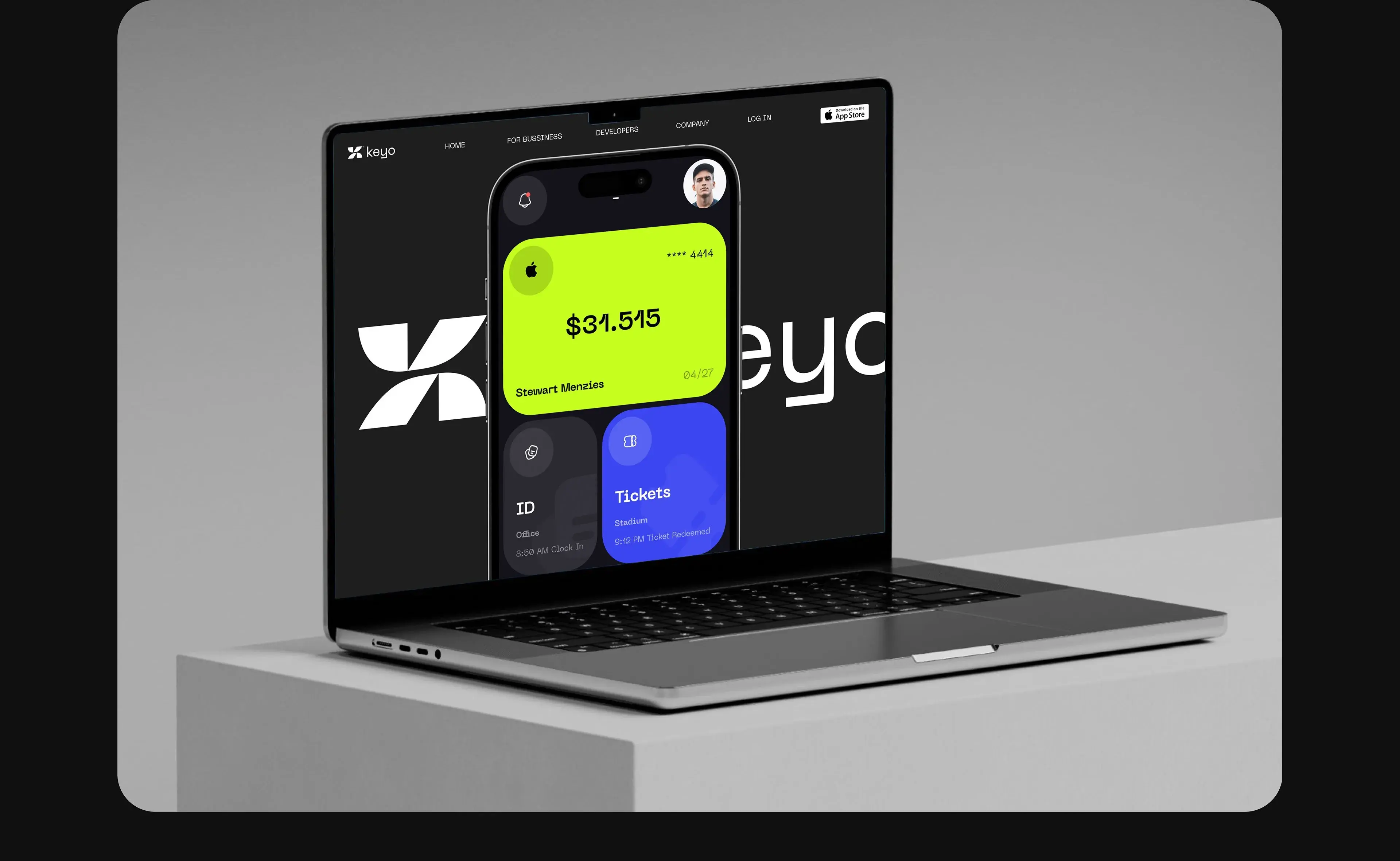 Screenshot showing the Keyo identity system interface and branding on a laptop.