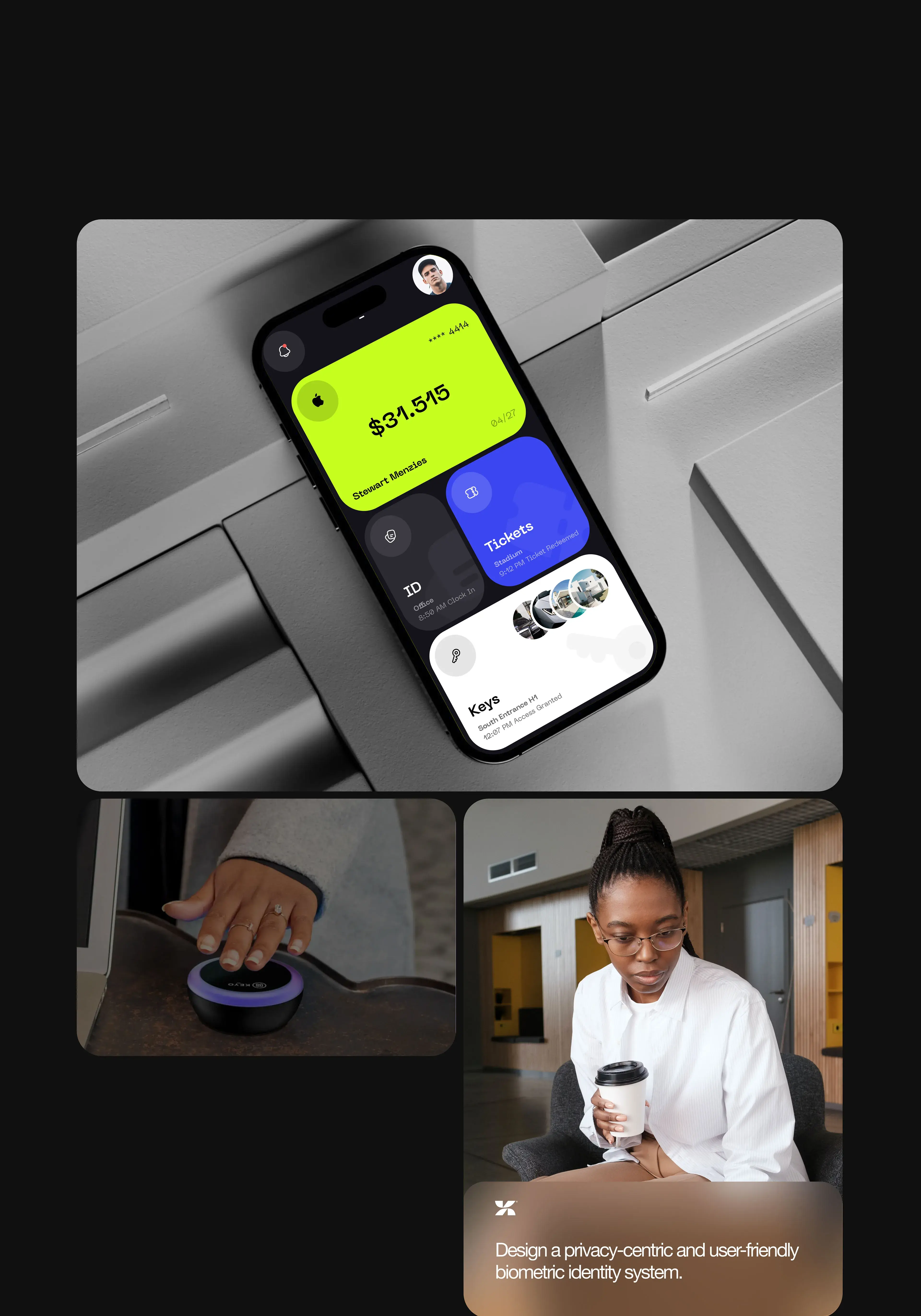 An iPhone screen showing the UI/UX design for the Keyo startup identity system.