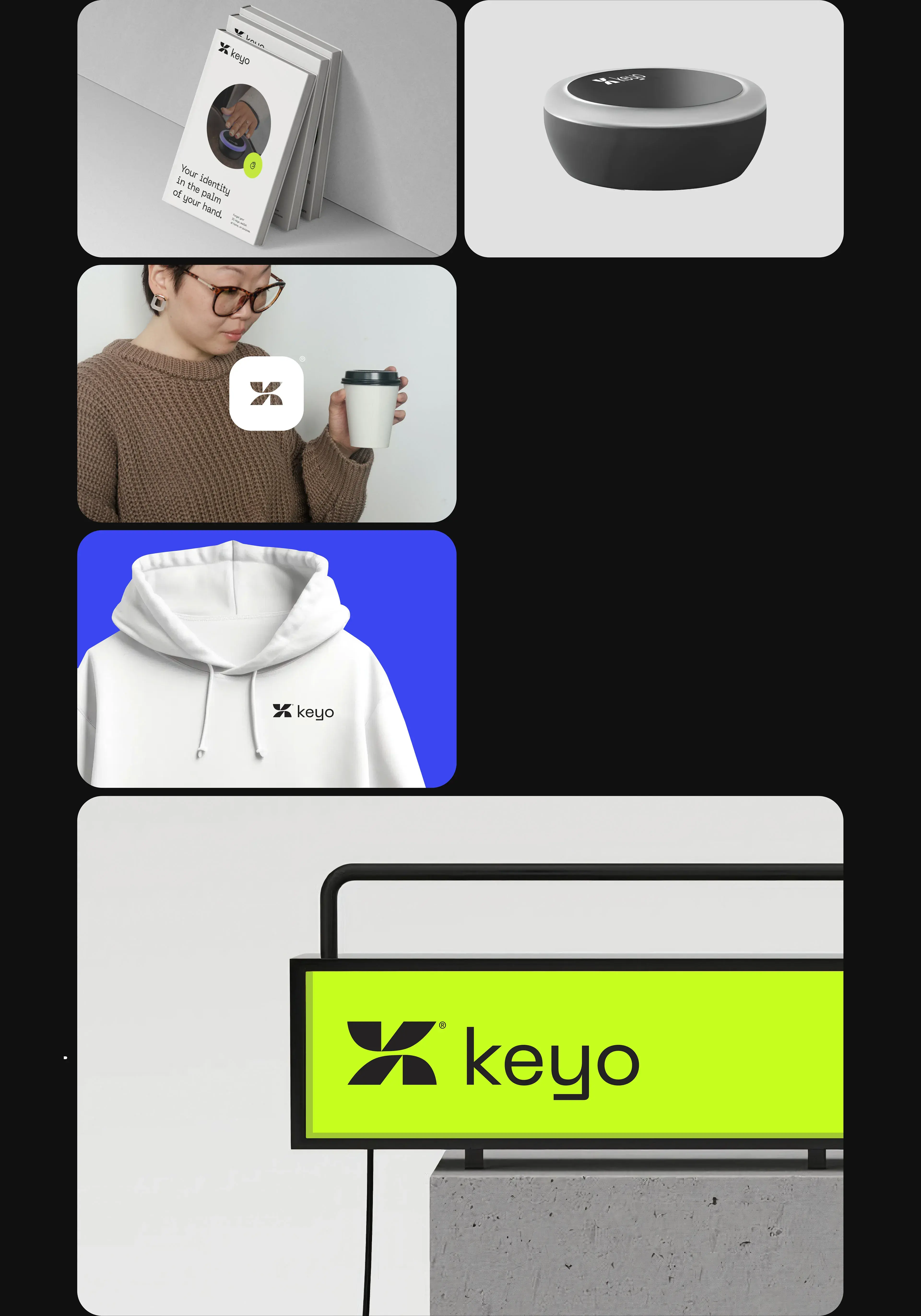 Screenshot of Keyo identity system UI & branding, with a hand and the slogan "Your identity in the palm of your hand.".