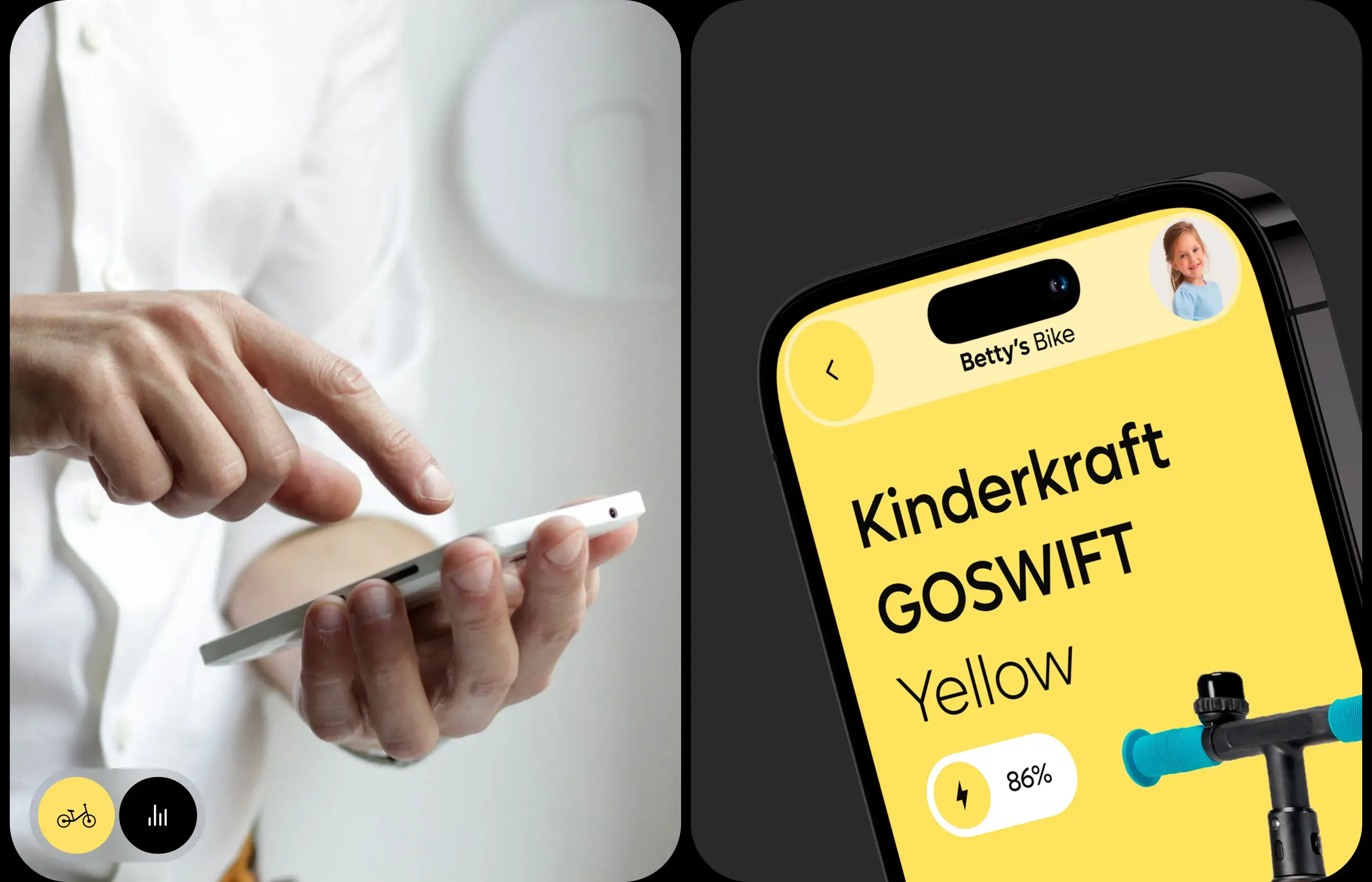 Screenshot of the Kinderkraft GOSWIFT mobile app showing 'Betty's Bike'. Screenshot of the Kinderkraft GOSWIFT mobile app showing 'Betty's Bike'.