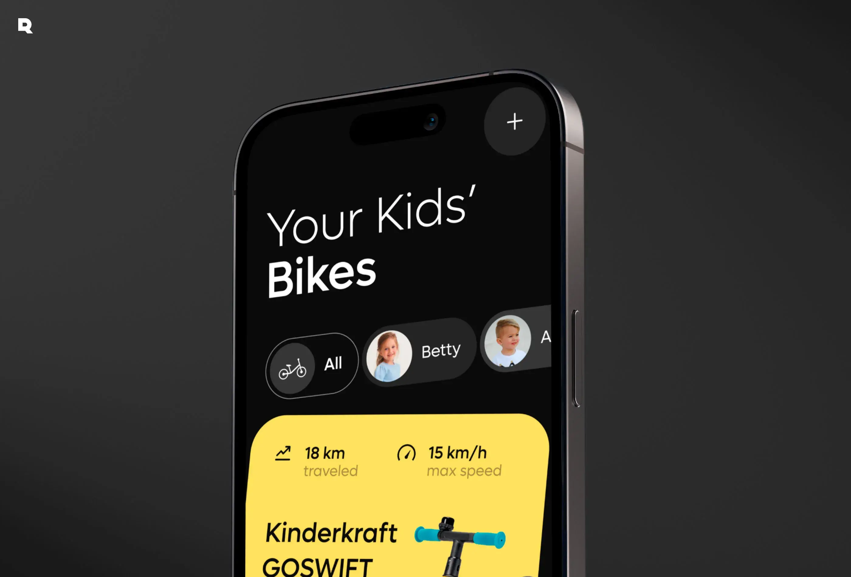 Screenshot of the Kinderkraft GOSWIFT mobile app showing distance traveled and max speed.