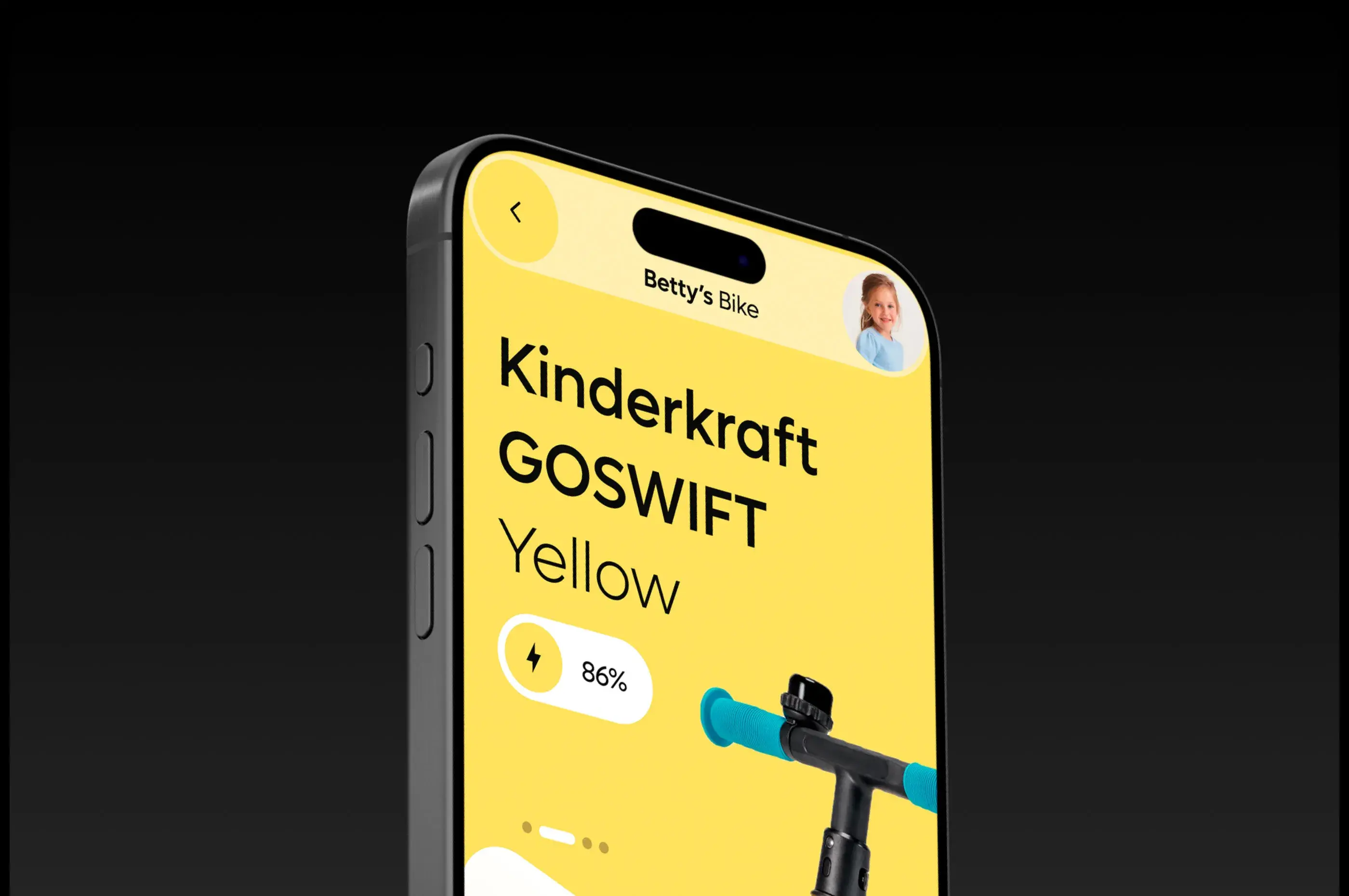 Screenshot of the Kinderkraft GOSWIFT mobile app interface showing "Betty's Bike Yellow" and 86%. Screenshot of the Kinderkraft GOSWIFT mobile app interface showing "Betty's Bike Yellow" and 86%.
