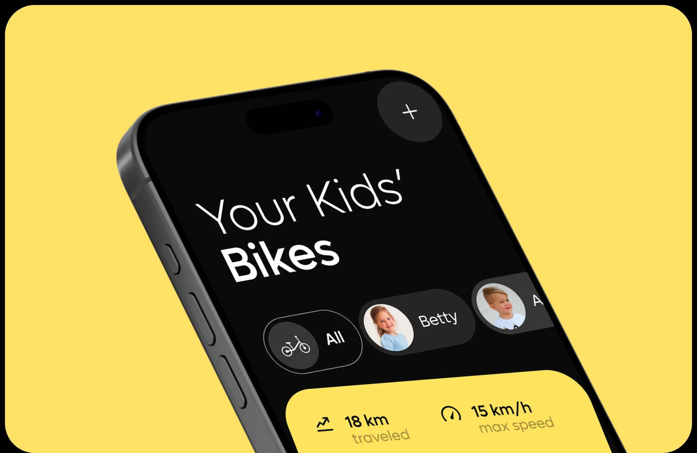 Screenshot of the Kinderkraft GoSwift mobile app showing bike tracking data for kids: 18 km traveled, 15 km/h max speed. Screenshot of the Kinderkraft GoSwift mobile app showing bike tracking data for kids: 18 km traveled, 15 km/h max speed.