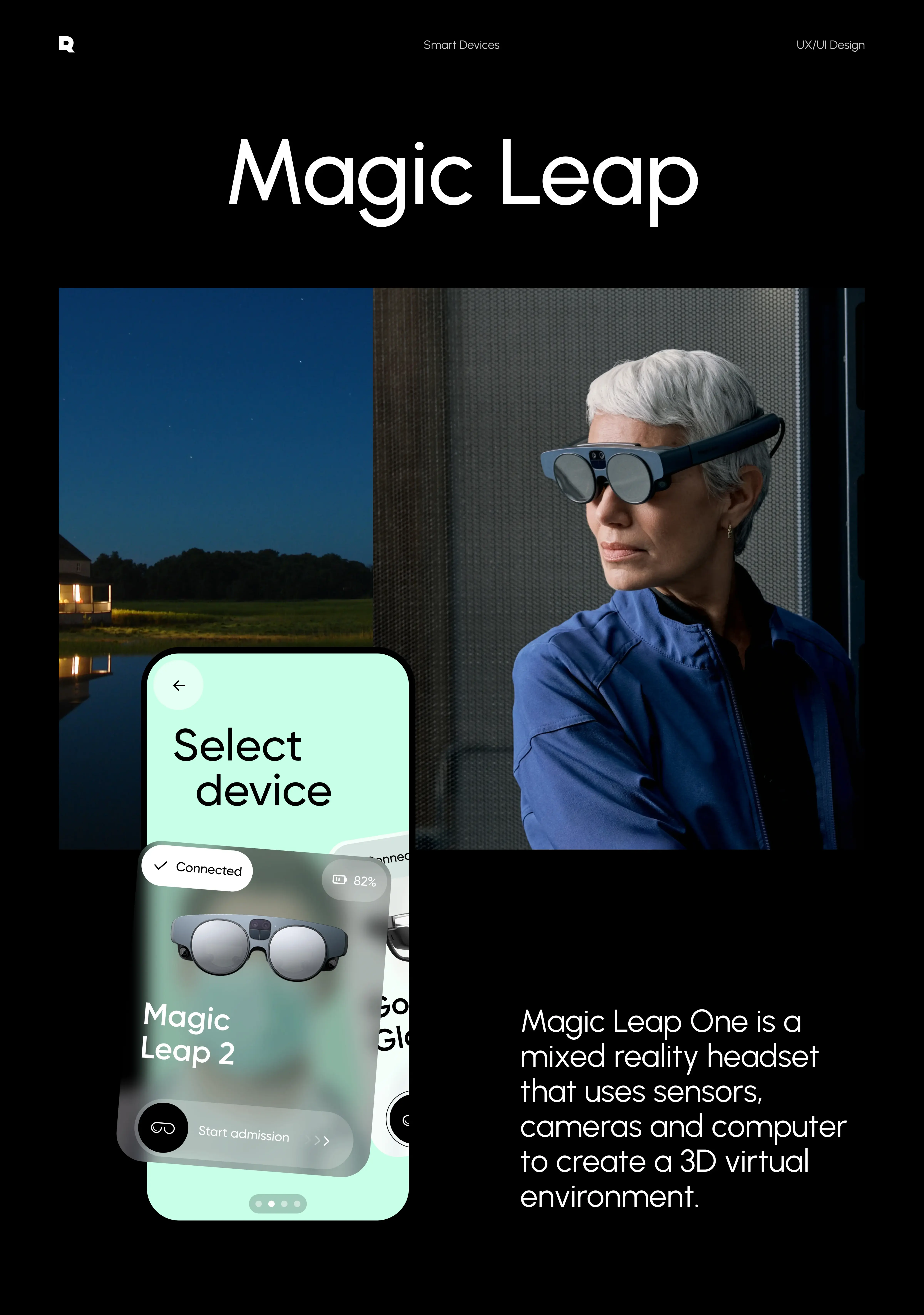 Screenshot of a person wearing an AR device, viewing healthcare data from an IoT meter on a mobile app.