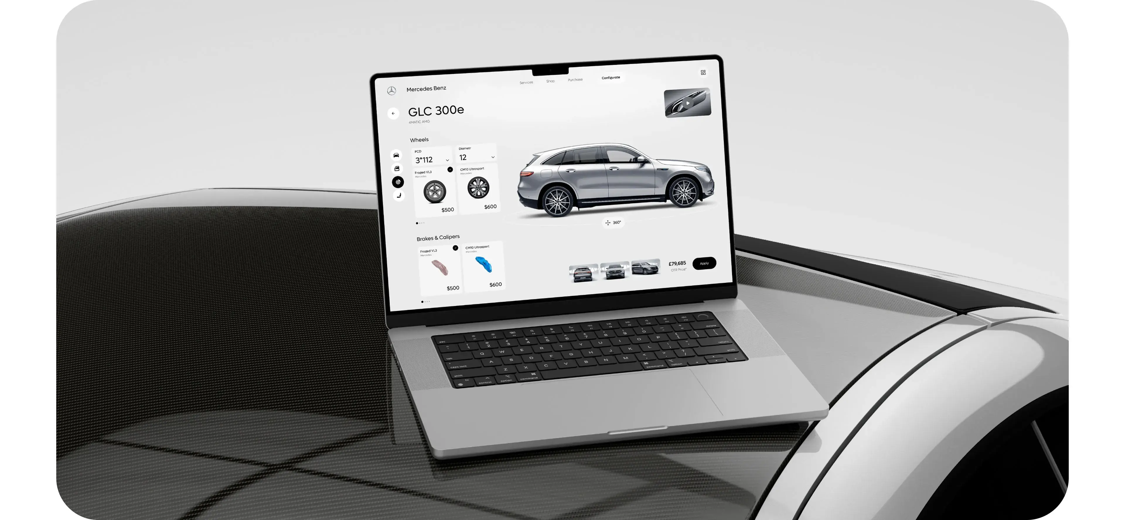 Screenshot of the Mercedes-Benz GLC 300e vehicle configurator web application on a laptop. Screenshot of the Mercedes-Benz GLC 300e vehicle configurator web application on a laptop.