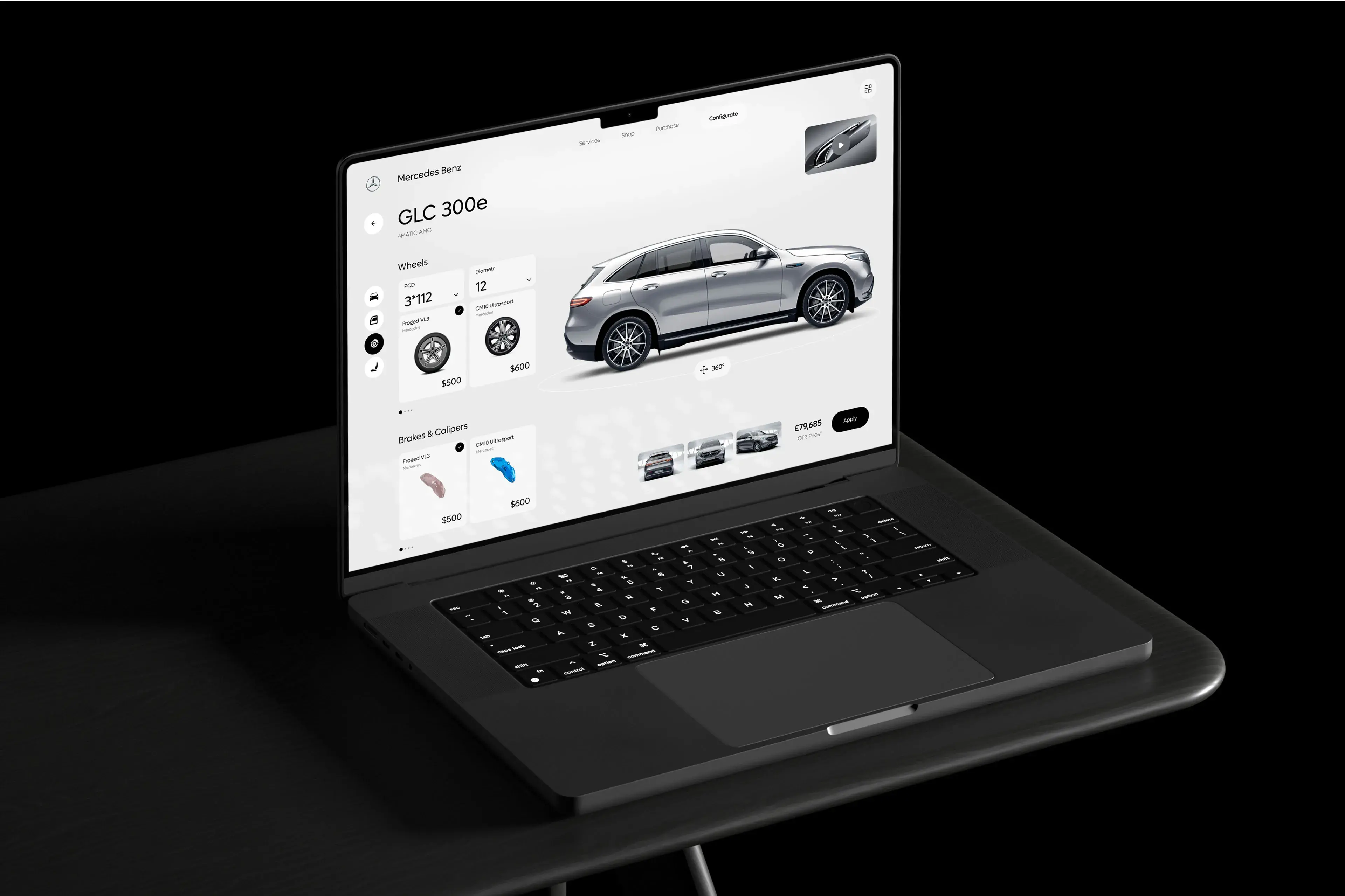 Mockup of a laptop screen showing the Mercedes-Benz GLC 300e configurator web application. Mockup of a laptop screen showing the Mercedes-Benz GLC 300e configurator web application.