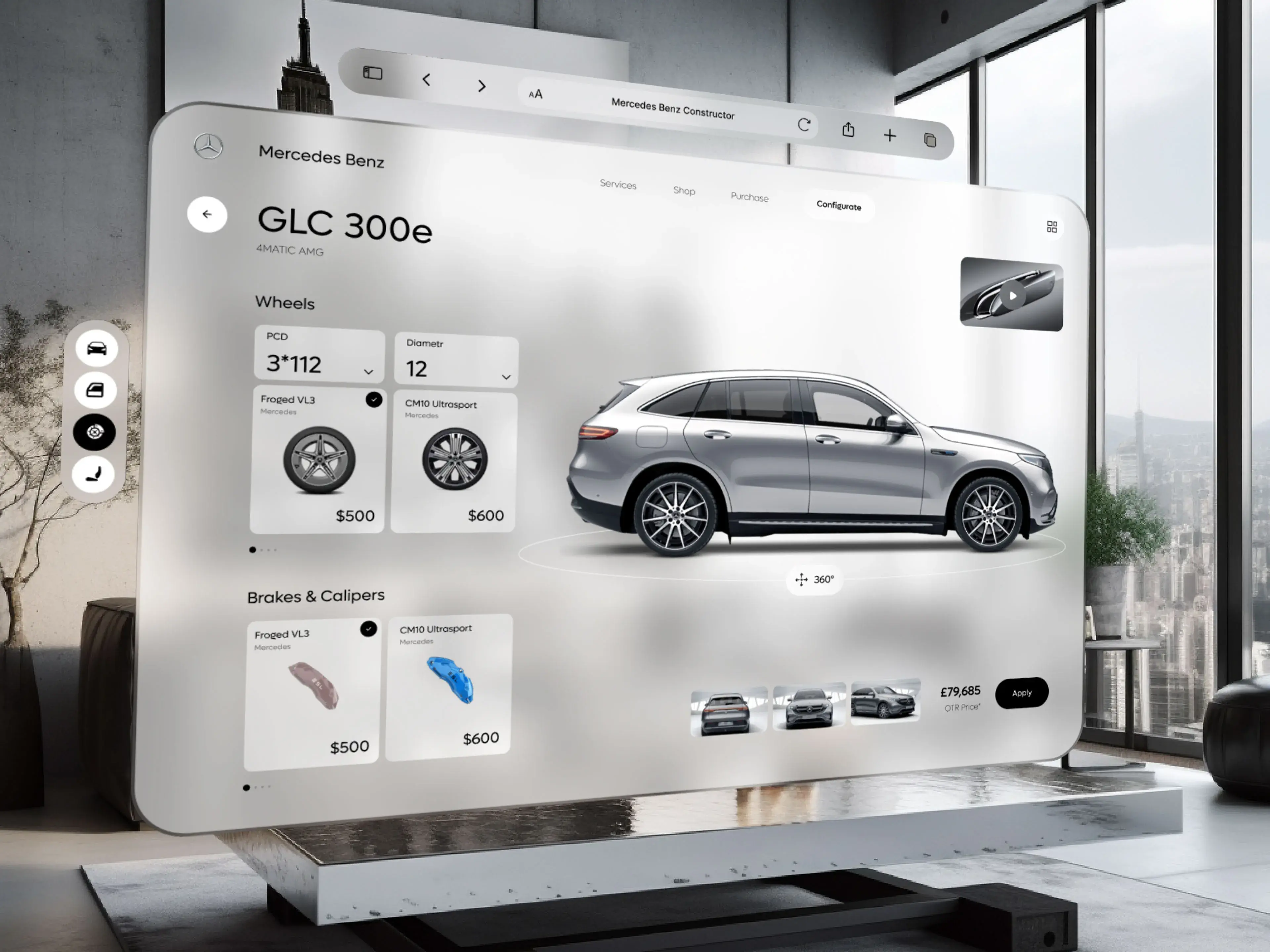 A Mercedes-Benz GLC 300e Sport Utility Vehicle displayed as part of web application design and branding. A Mercedes-Benz GLC 300e Sport Utility Vehicle displayed as part of web application design and branding.
