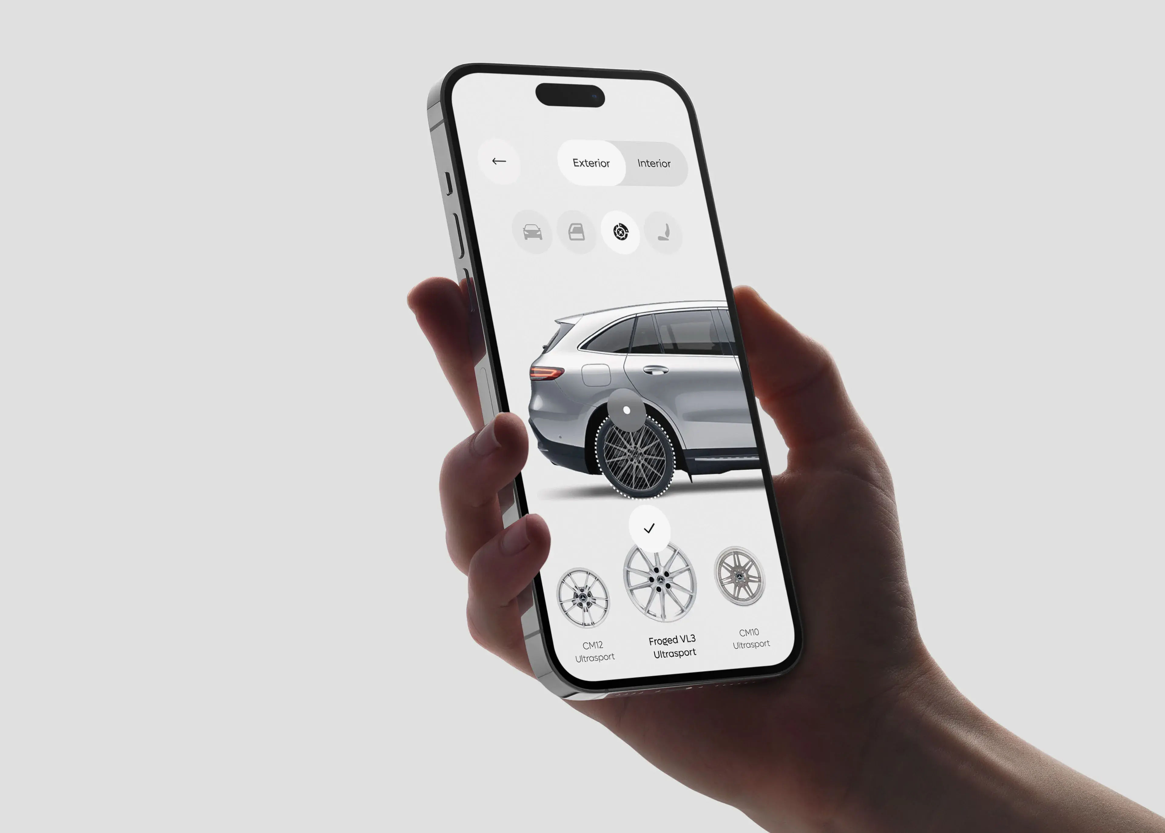 Mobile screenshot of the Mercedes-Benz GLC 300e configurator interface showing exterior and interior options. Mobile screenshot of the Mercedes-Benz GLC 300e configurator interface showing exterior and interior options.