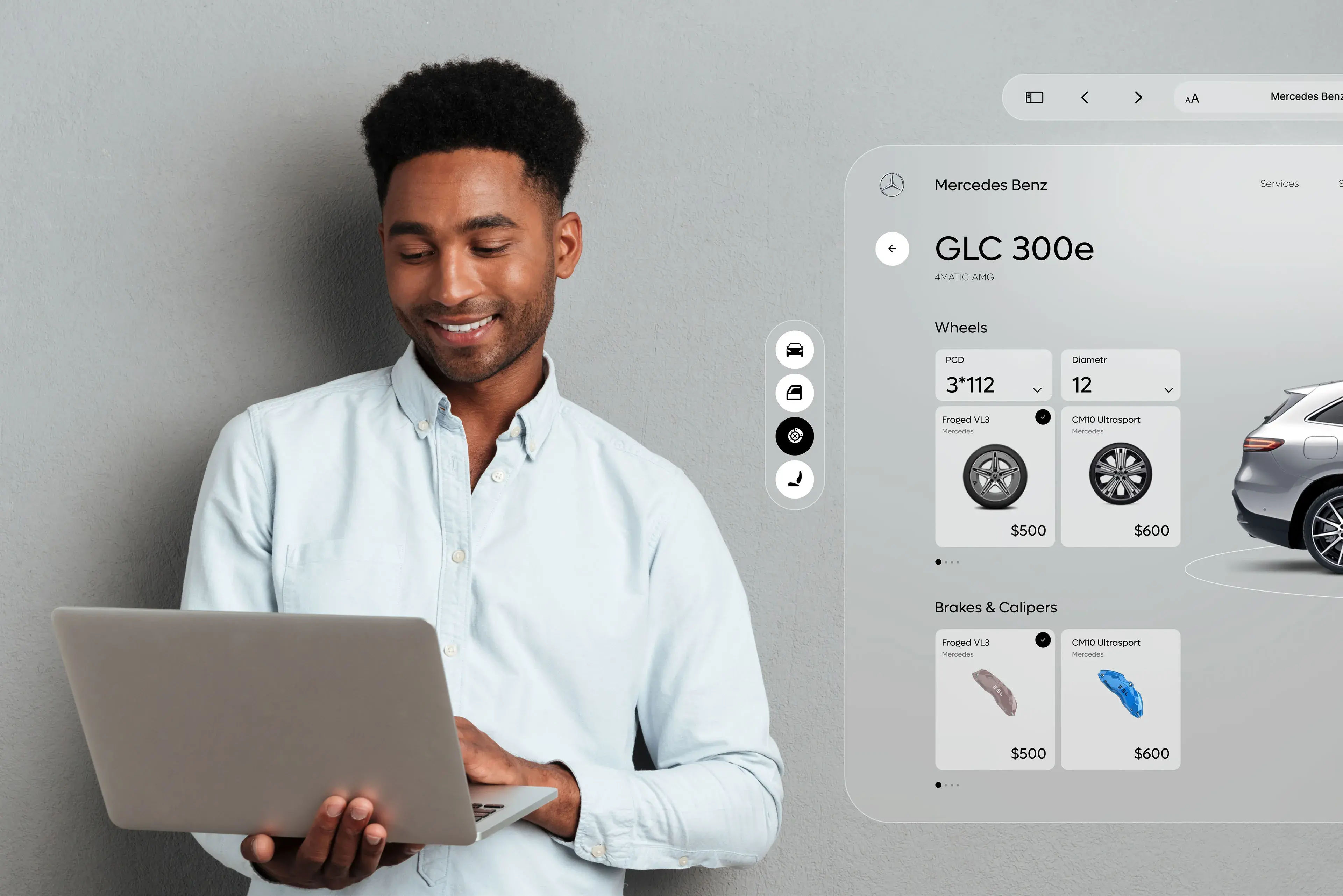Screenshot showing a person interacting with the Mercedes-Benz GLC 300e configurator on a mobile device. Screenshot showing a person interacting with the Mercedes-Benz GLC 300e configurator on a mobile device.