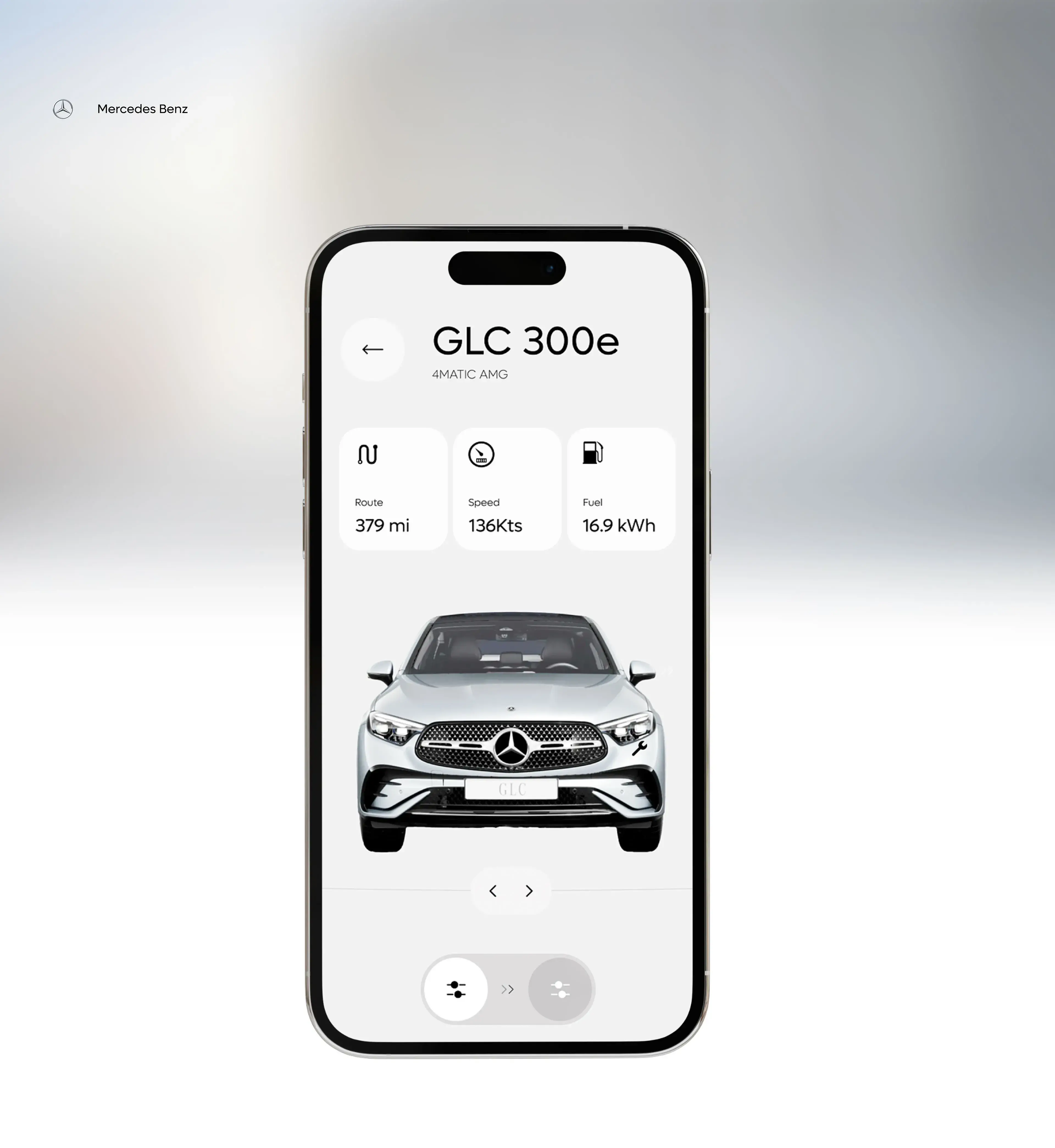 Screenshot of a Mercedes-Benz GLC 300e interface on a phone, showing vehicle data like route, speed, and fuel. Screenshot of a Mercedes-Benz GLC 300e interface on a phone, showing vehicle data like route, speed, and fuel.