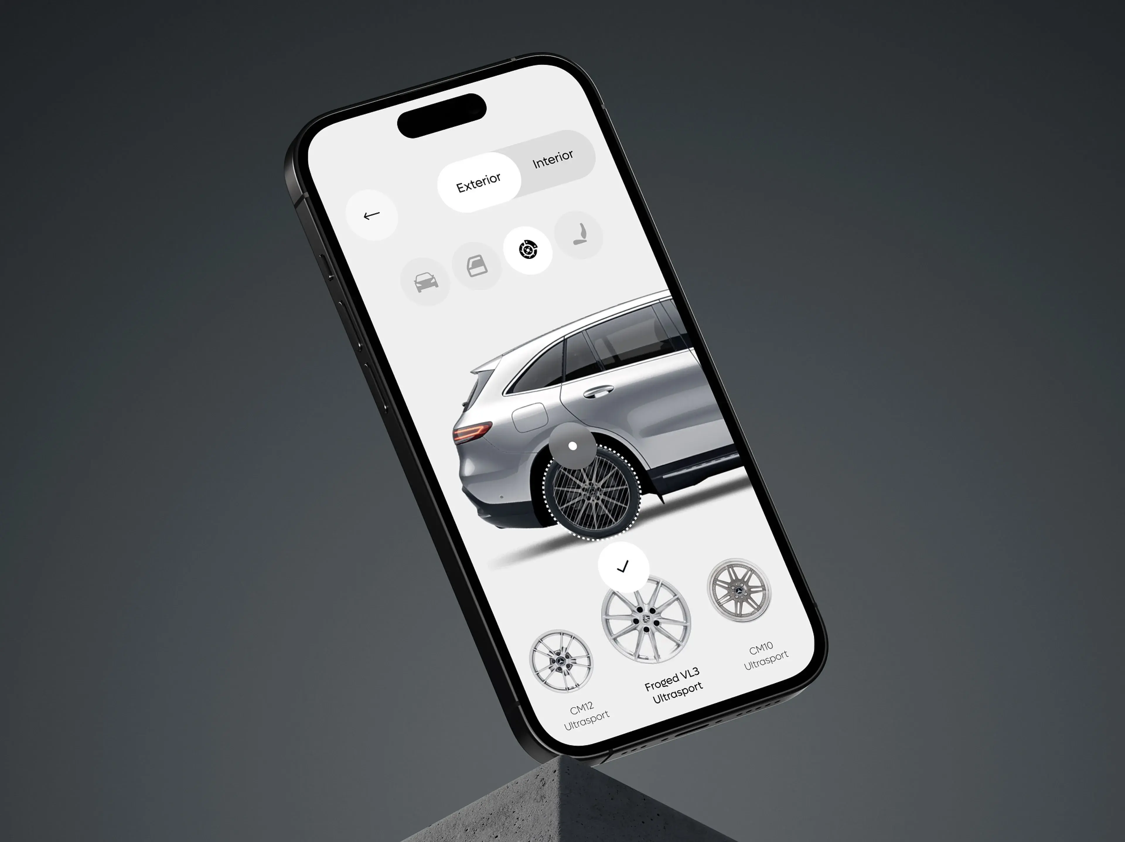 Screenshot of the Mercedes-Benz GLC configurator web app displaying wheel options on a smartphone. Screenshot of the Mercedes-Benz GLC configurator web app displaying wheel options on a smartphone.