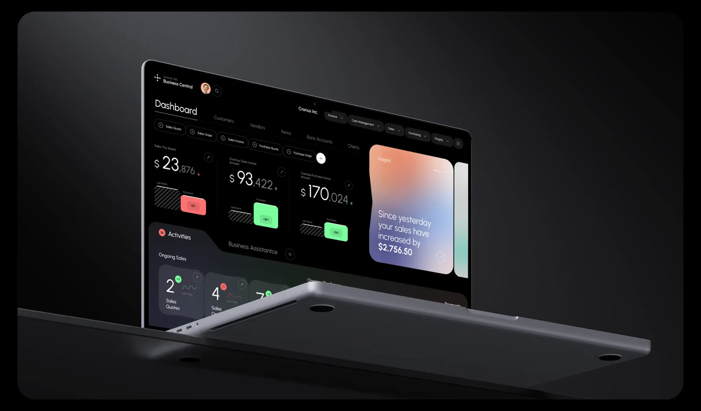 Screenshot of a laptop displaying UI/UX design for a Microsoft Dynamics 365 AI assistant. Screenshot of a laptop displaying UI/UX design for a Microsoft Dynamics 365 AI assistant.
