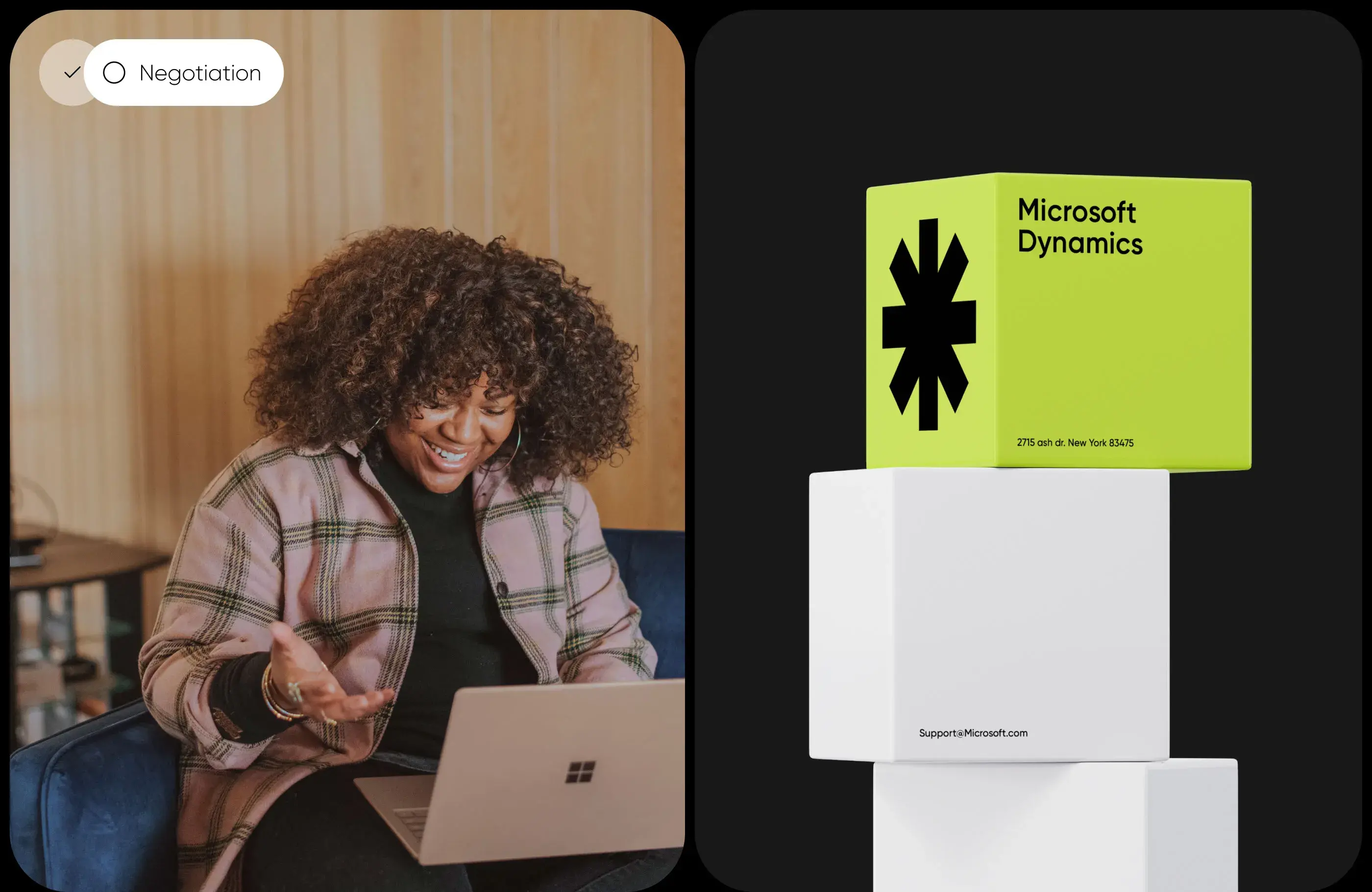 Two people review Microsoft Dynamics software on a laptop, referencing contact and negotiation details. Two people review Microsoft Dynamics software on a laptop, referencing contact and negotiation details.