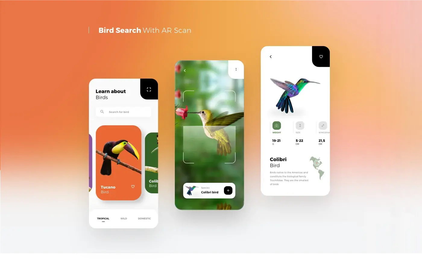 Screenshot of a mobile app interface on an iPhone, demonstrating UX/UI design with a bird element. Screenshot of a mobile app interface on an iPhone, demonstrating UX/UI design with a bird element.