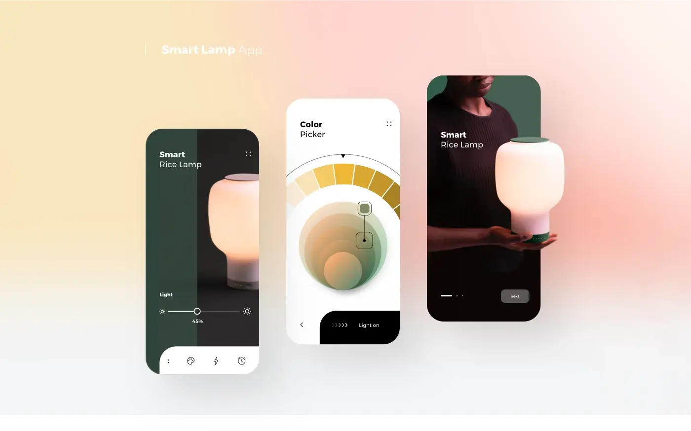 Screenshot of a mobile app interface for a smart lamp, showing a light color picker and controls. Screenshot of a mobile app interface for a smart lamp, showing a light color picker and controls.