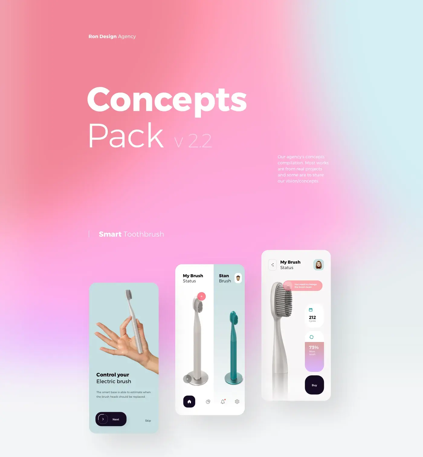 Graphic design render showing multiple electronic toothbrushes for a tech startup's personal care app. Graphic design render showing multiple electronic toothbrushes for a tech startup's personal care app.