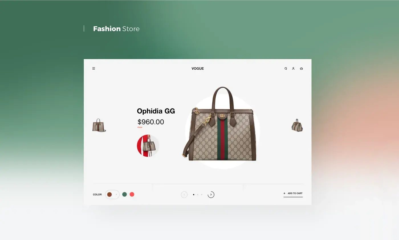 Screenshot of a fashion store mobile app UI showing an Ophidia GG tote bag product page with price and add to cart button. Screenshot of a fashion store mobile app UI showing an Ophidia GG tote bag product page with price and add to cart button.