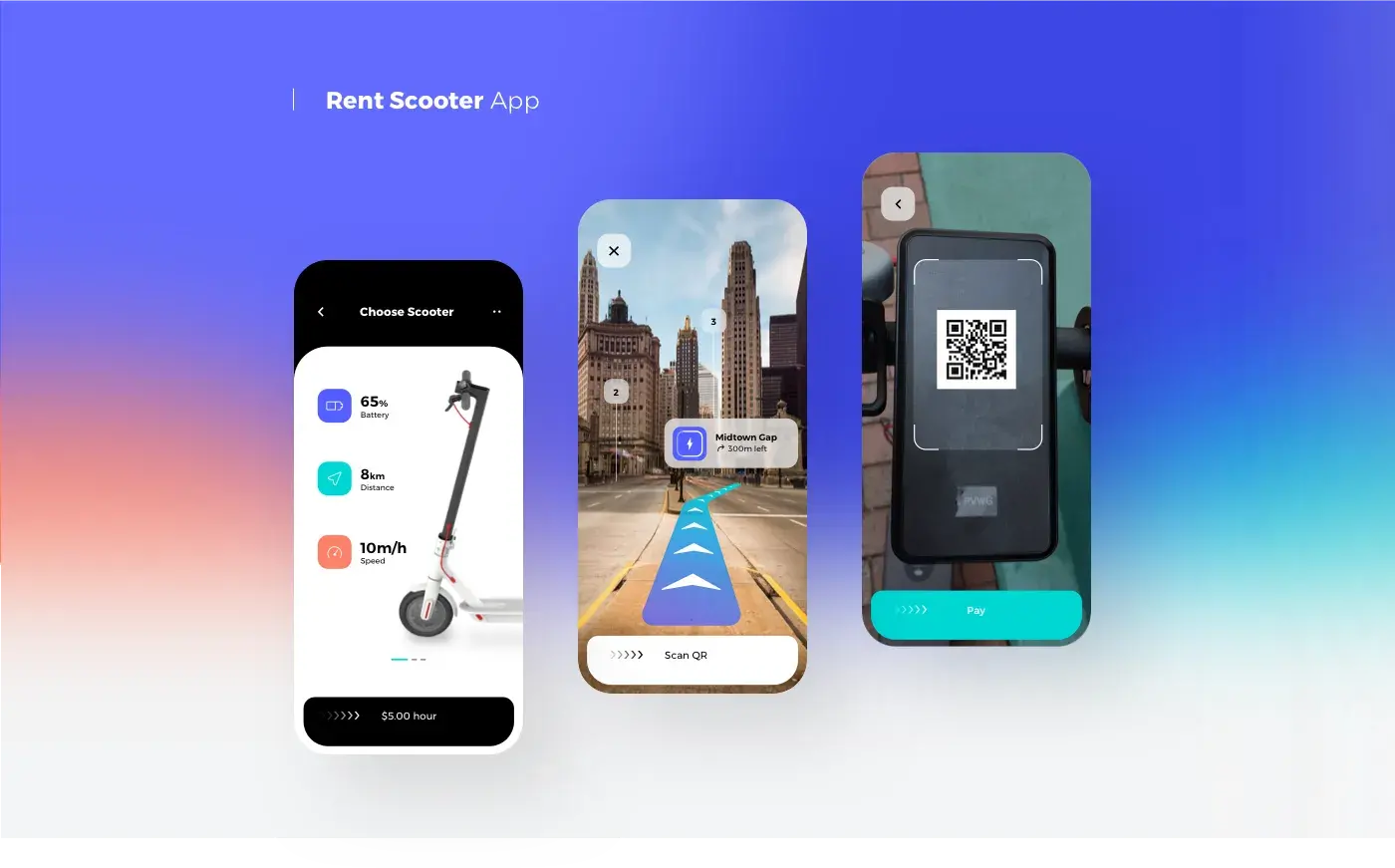 Screenshot of a mobile app UI for a scooter rental service, displaying scooter selection details and pricing. Screenshot of a mobile app UI for a scooter rental service, displaying scooter selection details and pricing.