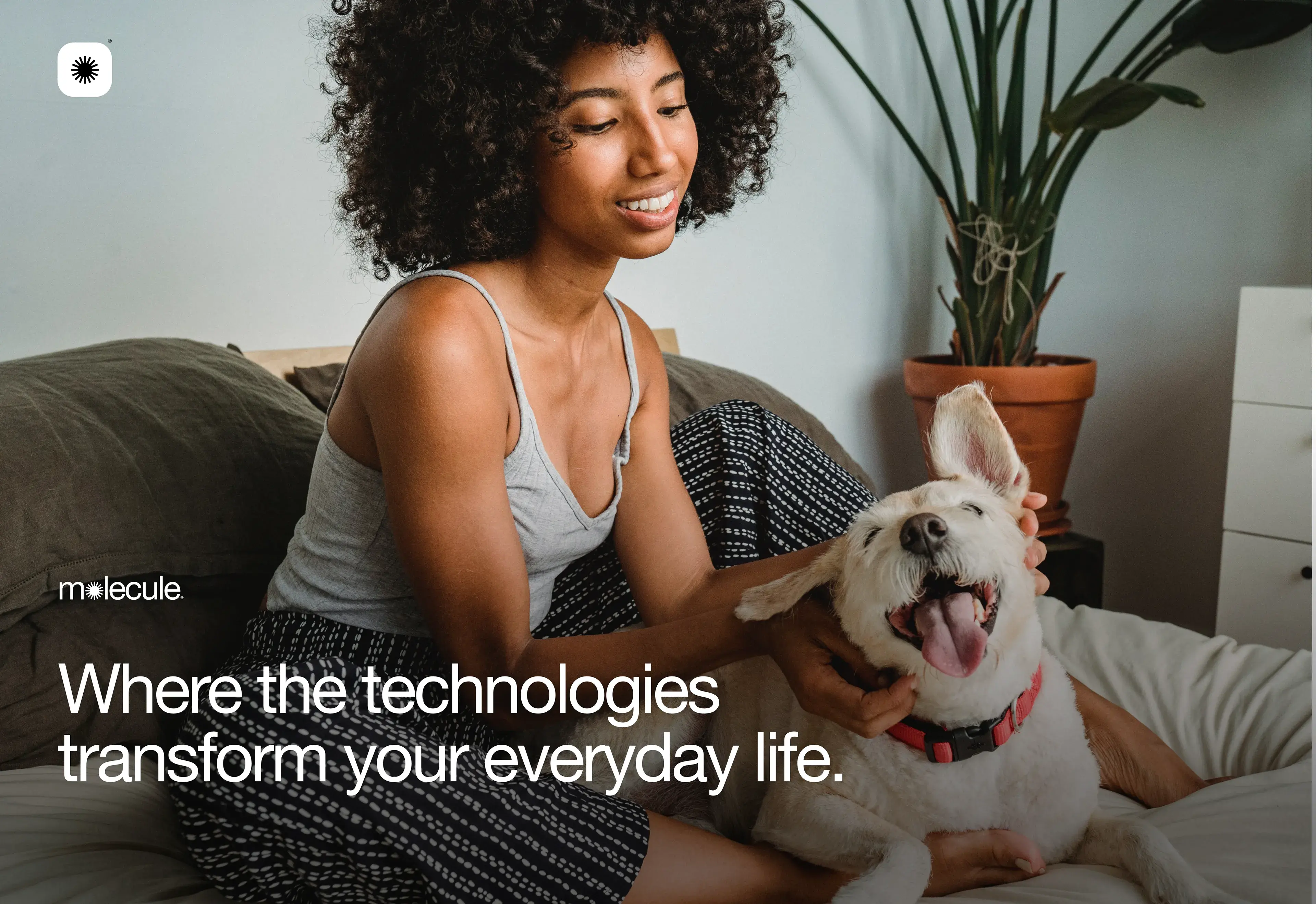 A person with a dog using a mobile phone with the molecule brand, symbolizing comfort and transformed everyday life with smart technology. A person with a dog using a mobile phone with the molecule brand, symbolizing comfort and transformed everyday life with smart technology.