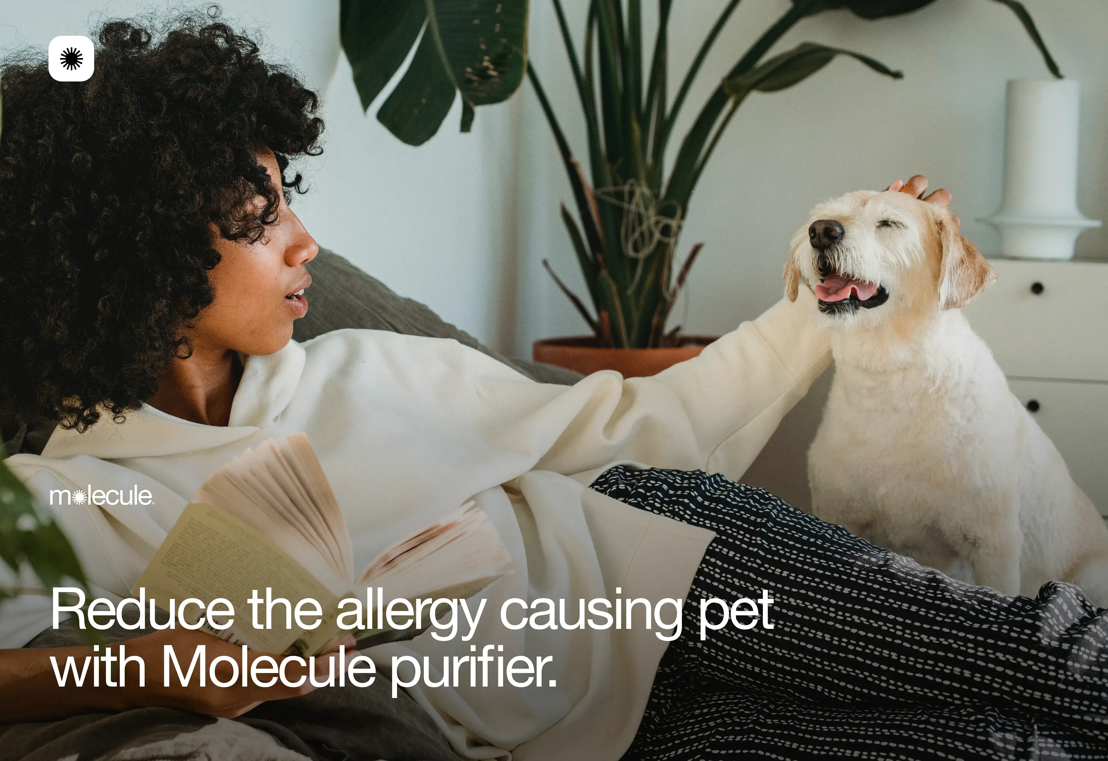 Person with a dog, representing the pet allergen reduction feature of the Molecule smart home solution discussed in the case study. Person with a dog, representing the pet allergen reduction feature of the Molecule smart home solution discussed in the case study.
