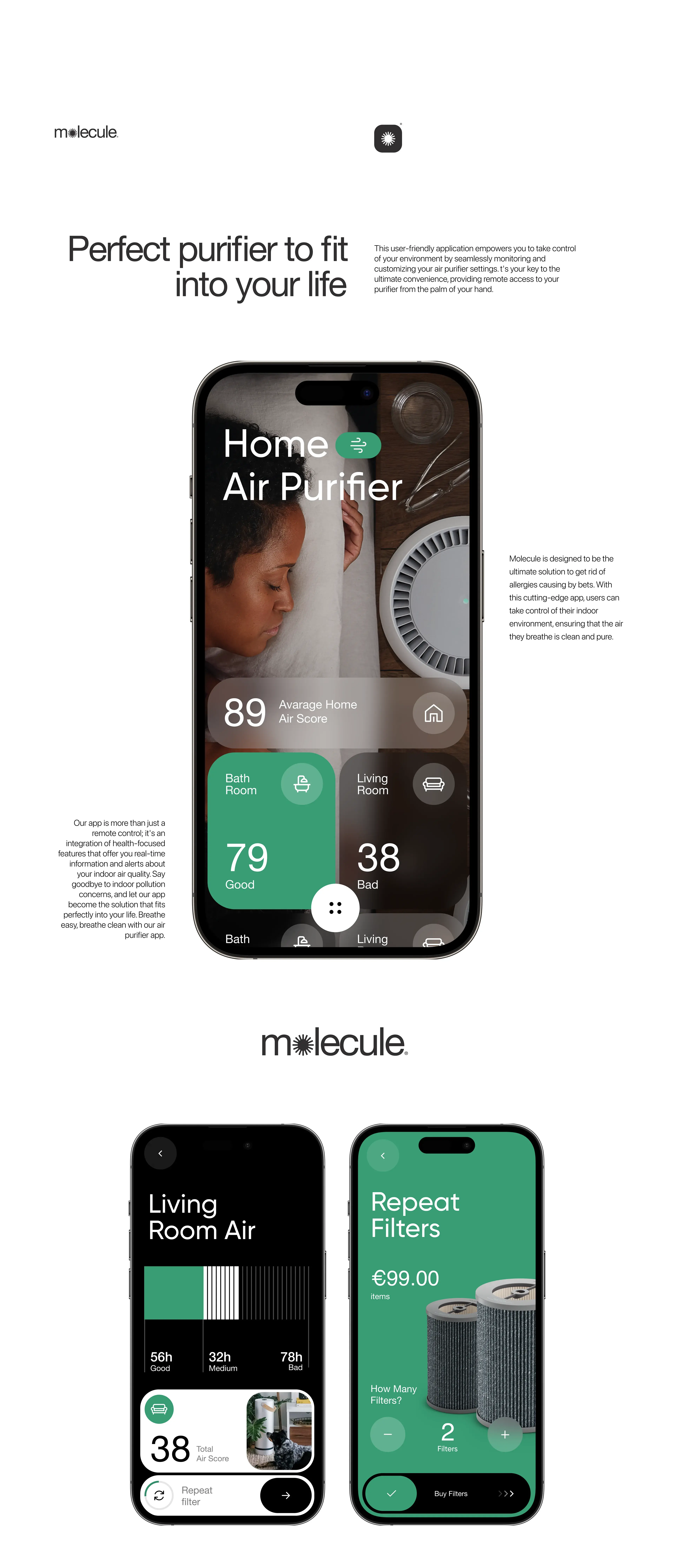 Screenshot of the molecule smart home mobile app interface on an iPhone. Screenshot of the molecule smart home mobile app interface on an iPhone.