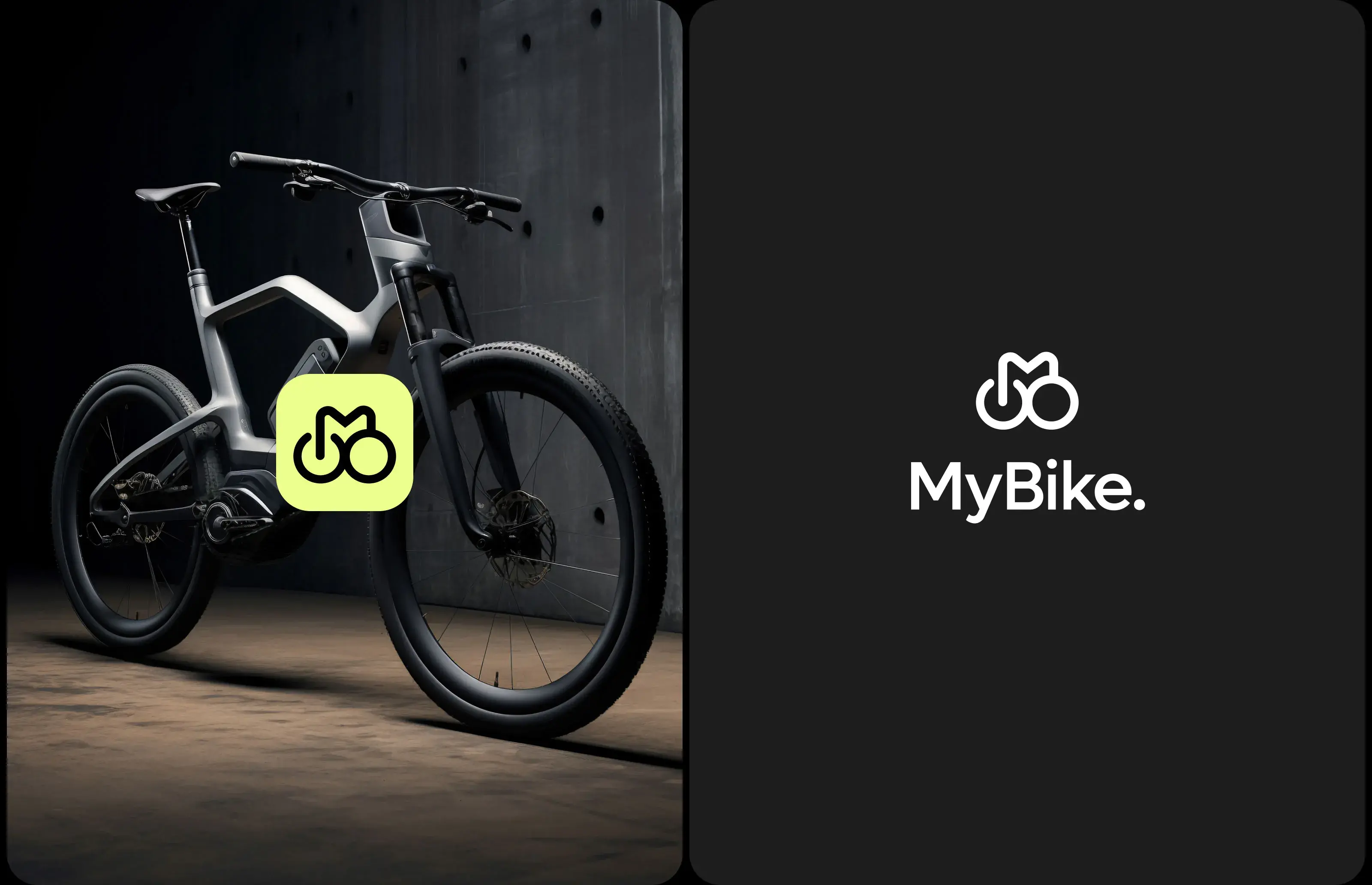 Detailed view of a carbon fiber hybrid bicycle featuring the text "MyBike." for the app case study. Detailed view of a carbon fiber hybrid bicycle featuring the text "MyBike." for the app case study.