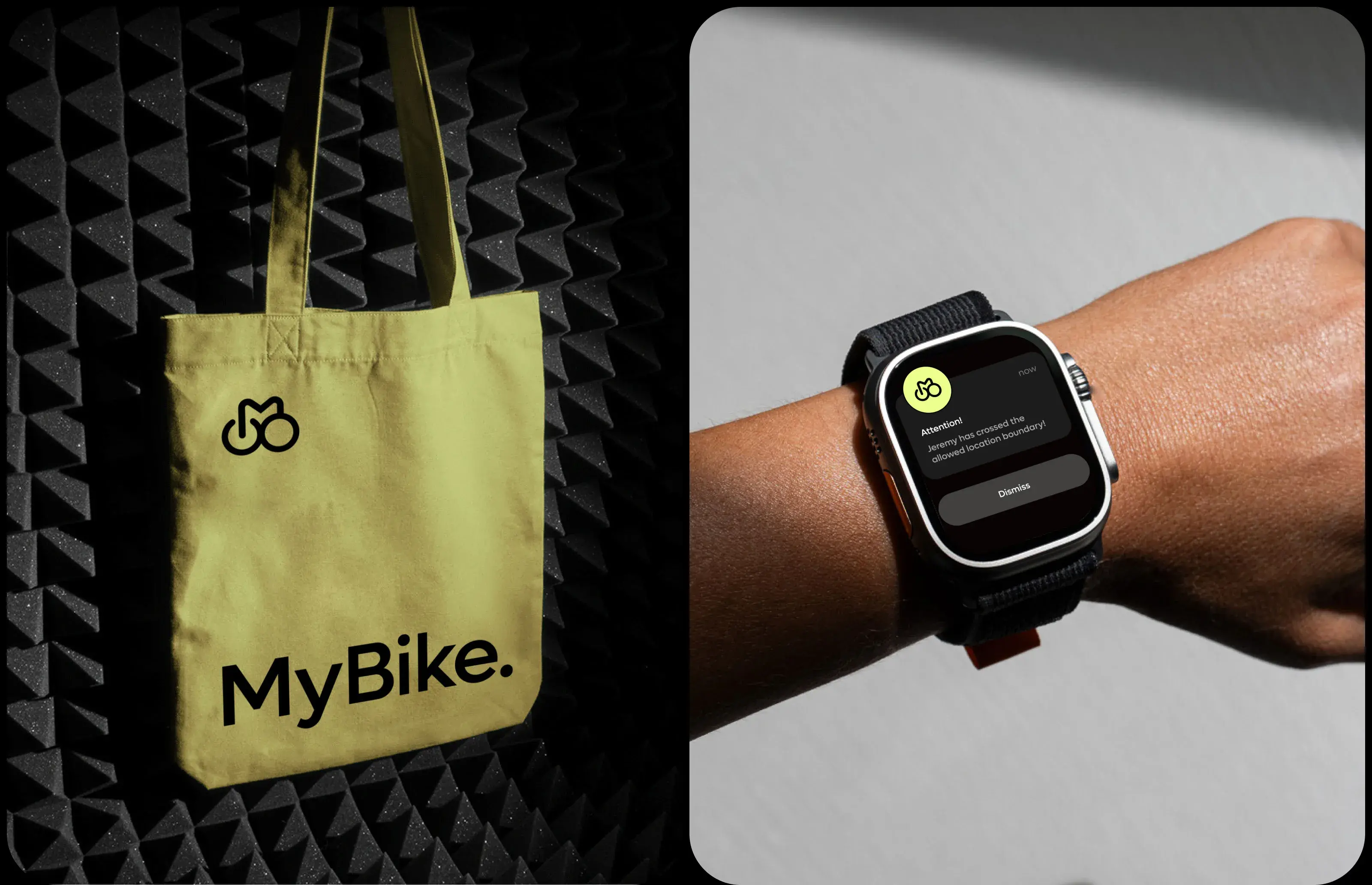 UI design mockup for the MyBike app, showing a critical location alert: "Jeremy has crossed the allowed location boundary!". UI design mockup for the MyBike app, showing a critical location alert: "Jeremy has crossed the allowed location boundary!".