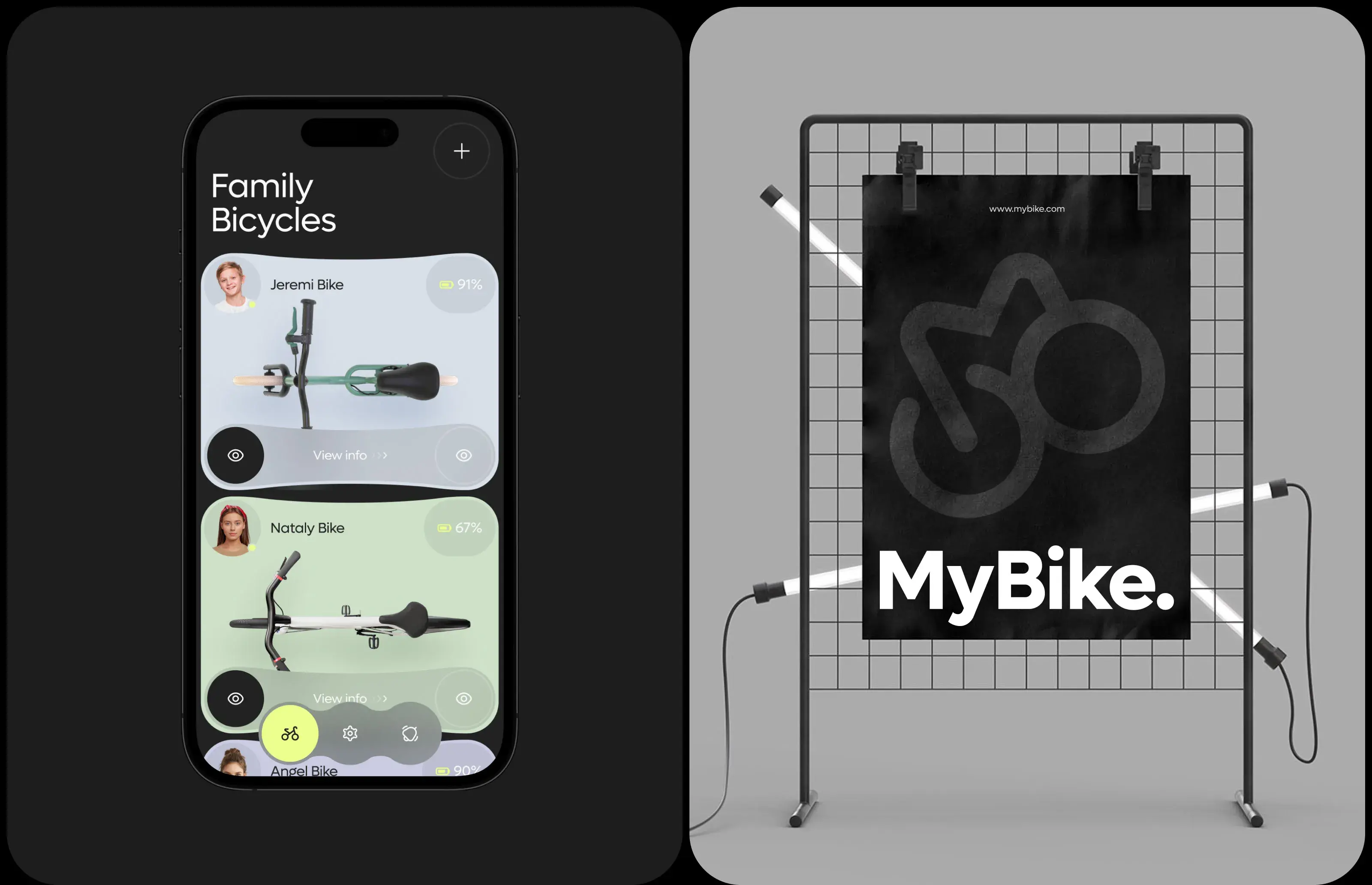 Mobile phone mockup showcasing the MyBike app UI design, listing specific bikes with percentage indicators. Mobile phone mockup showcasing the MyBike app UI design, listing specific bikes with percentage indicators.