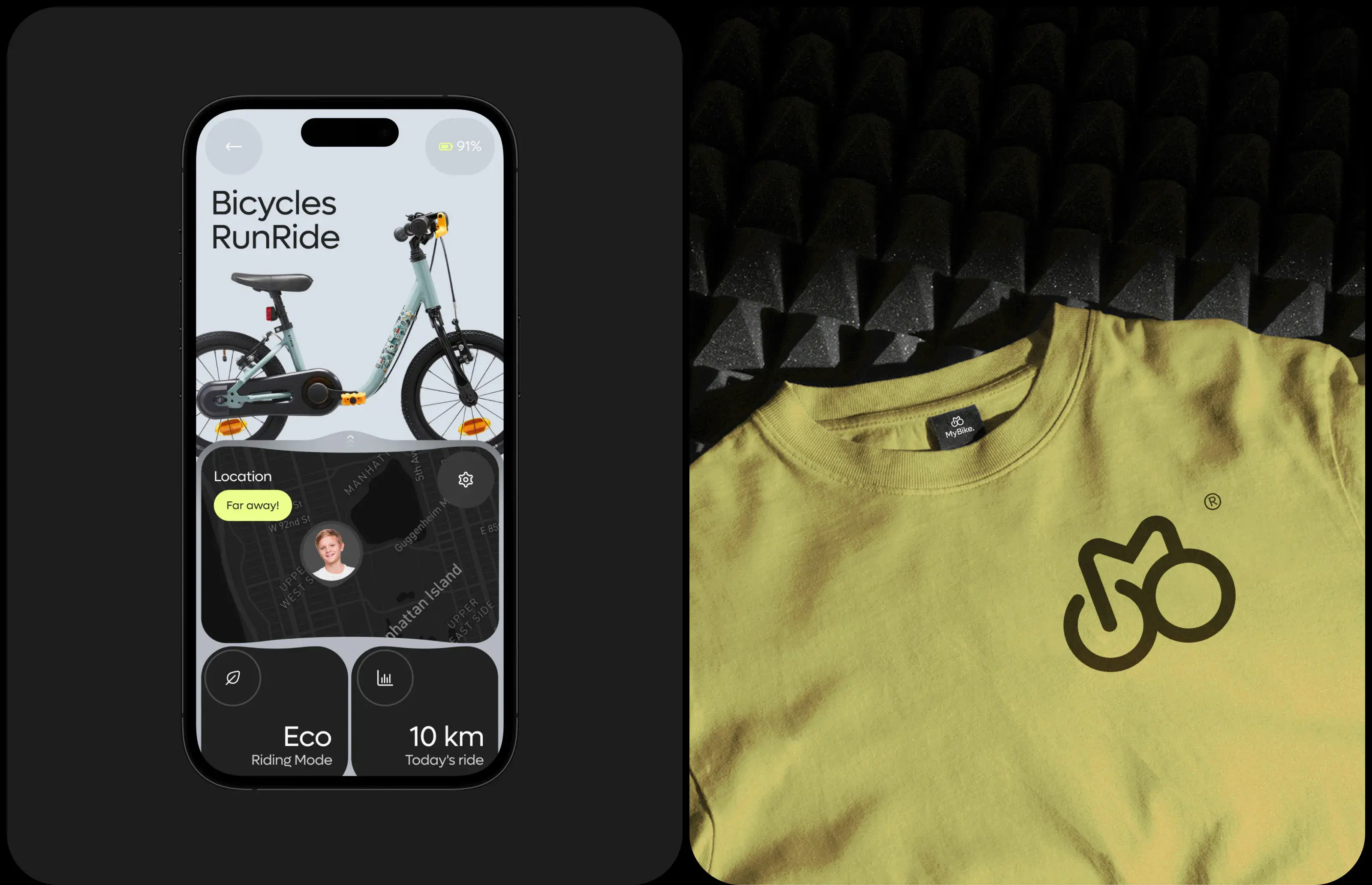 Screenshot of the Mybike mobile app UI design on a phone. Screenshot of the Mybike mobile app UI design on a phone.