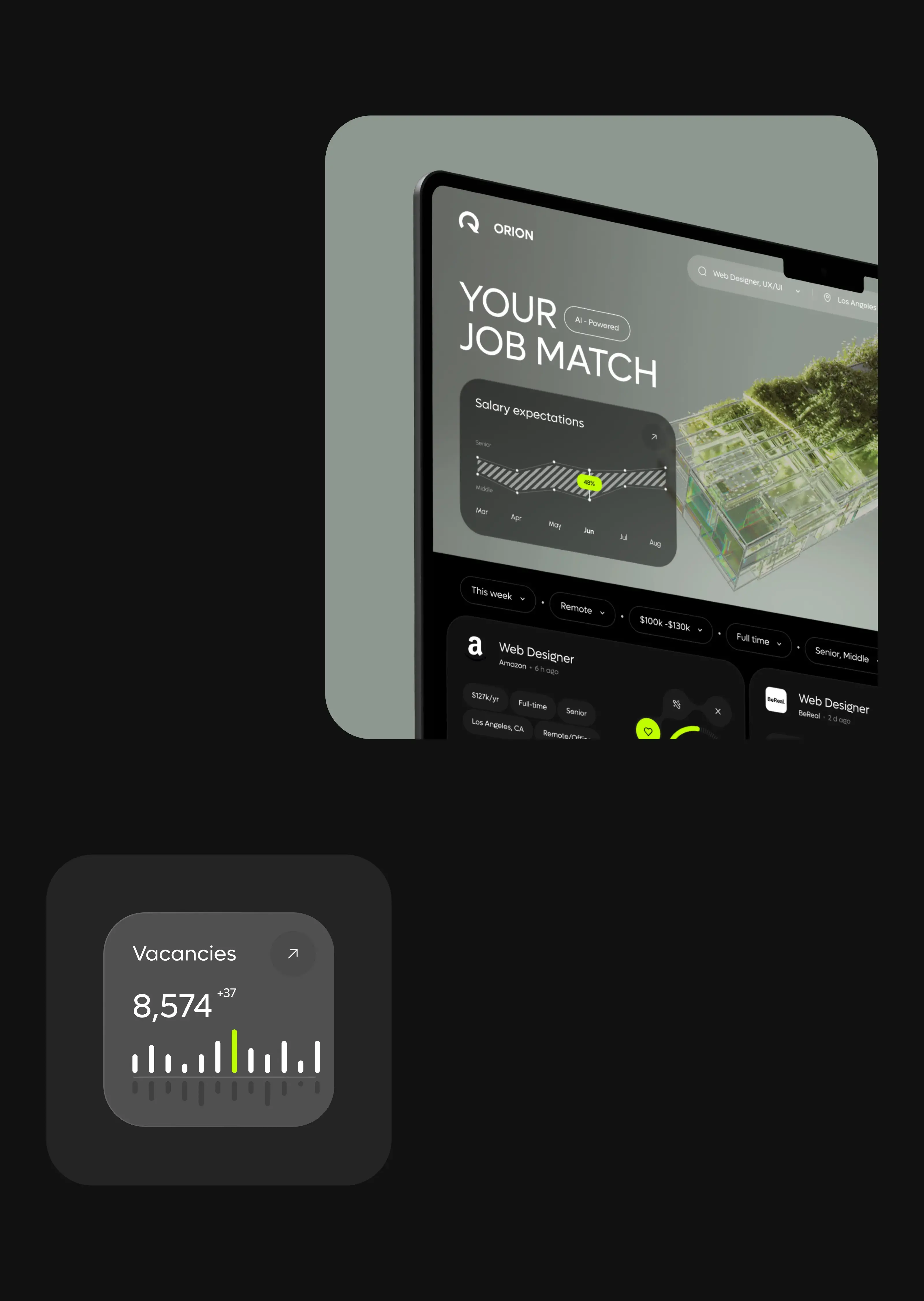 Screenshot of an AI-powered job search mobile app UI design. Screenshot of an AI-powered job search mobile app UI design.