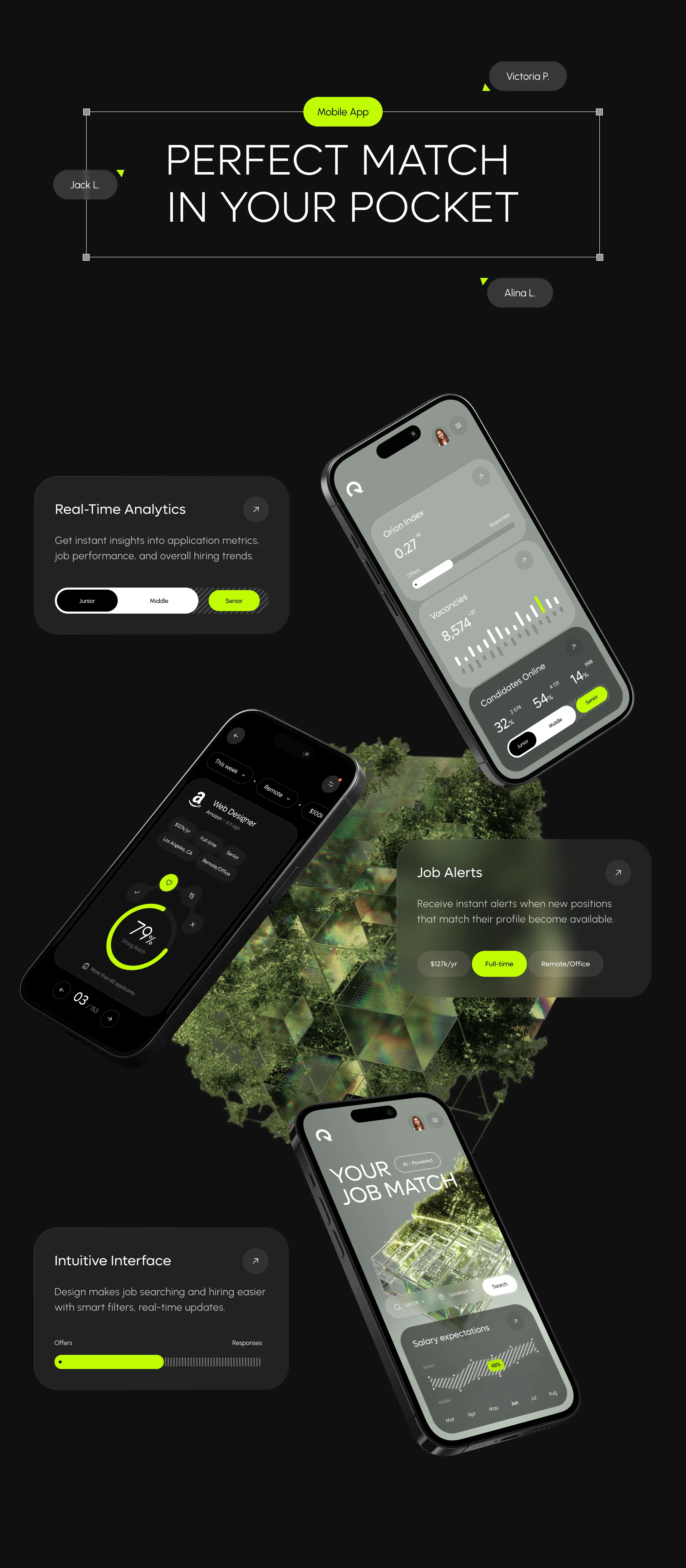 Screenshots showcasing the UI/UX design of the Orion job SaaS mobile app on iPhones. Screenshots showcasing the UI/UX design of the Orion job SaaS mobile app on iPhones.