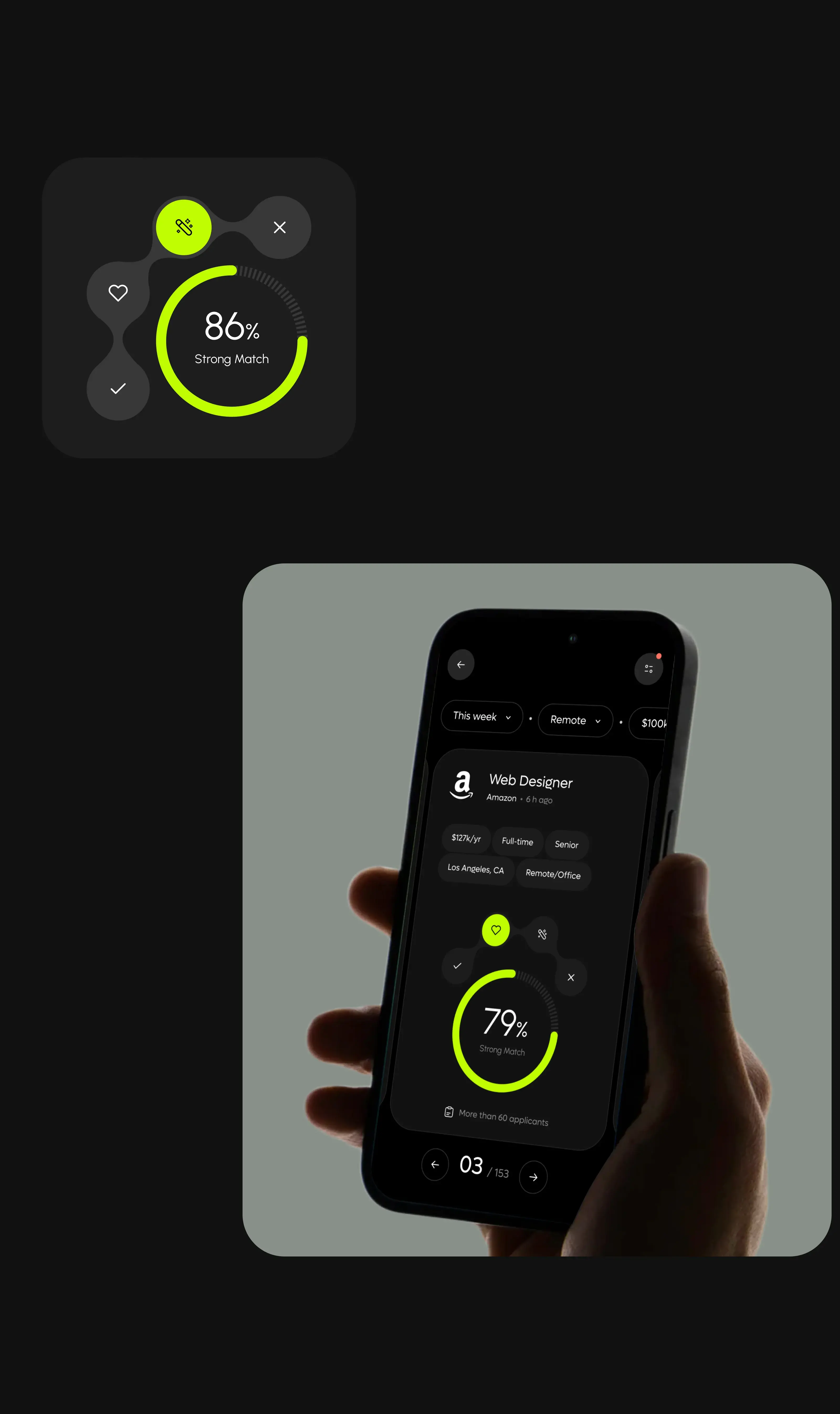 Mobile phone screen displaying a startup's AI-powered job SaaS interface. Mobile phone screen displaying a startup's AI-powered job SaaS interface.
