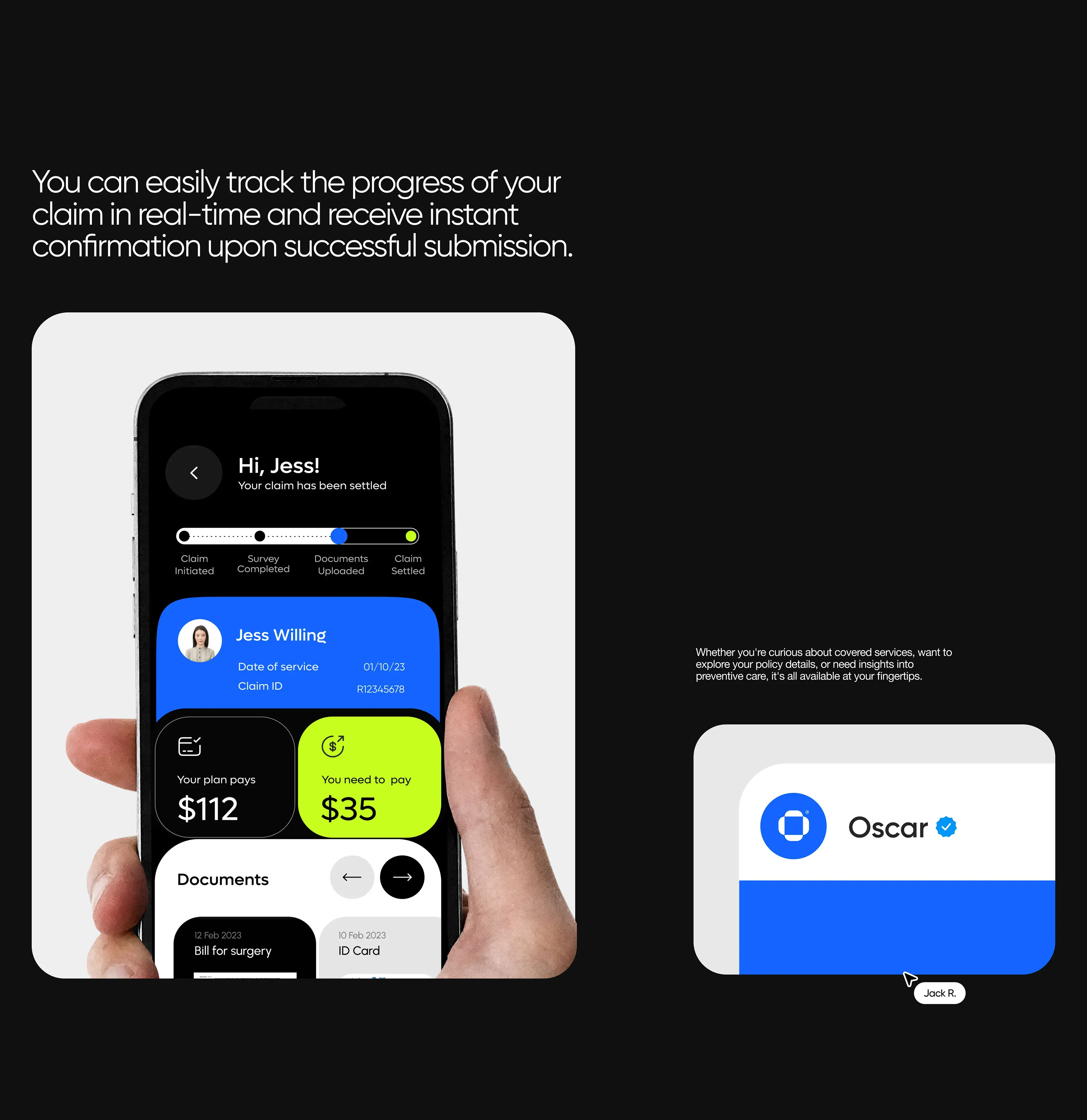 Screenshot of the Oscar Health mobile app on a smartphone. Screenshot of the Oscar Health mobile app on a smartphone.