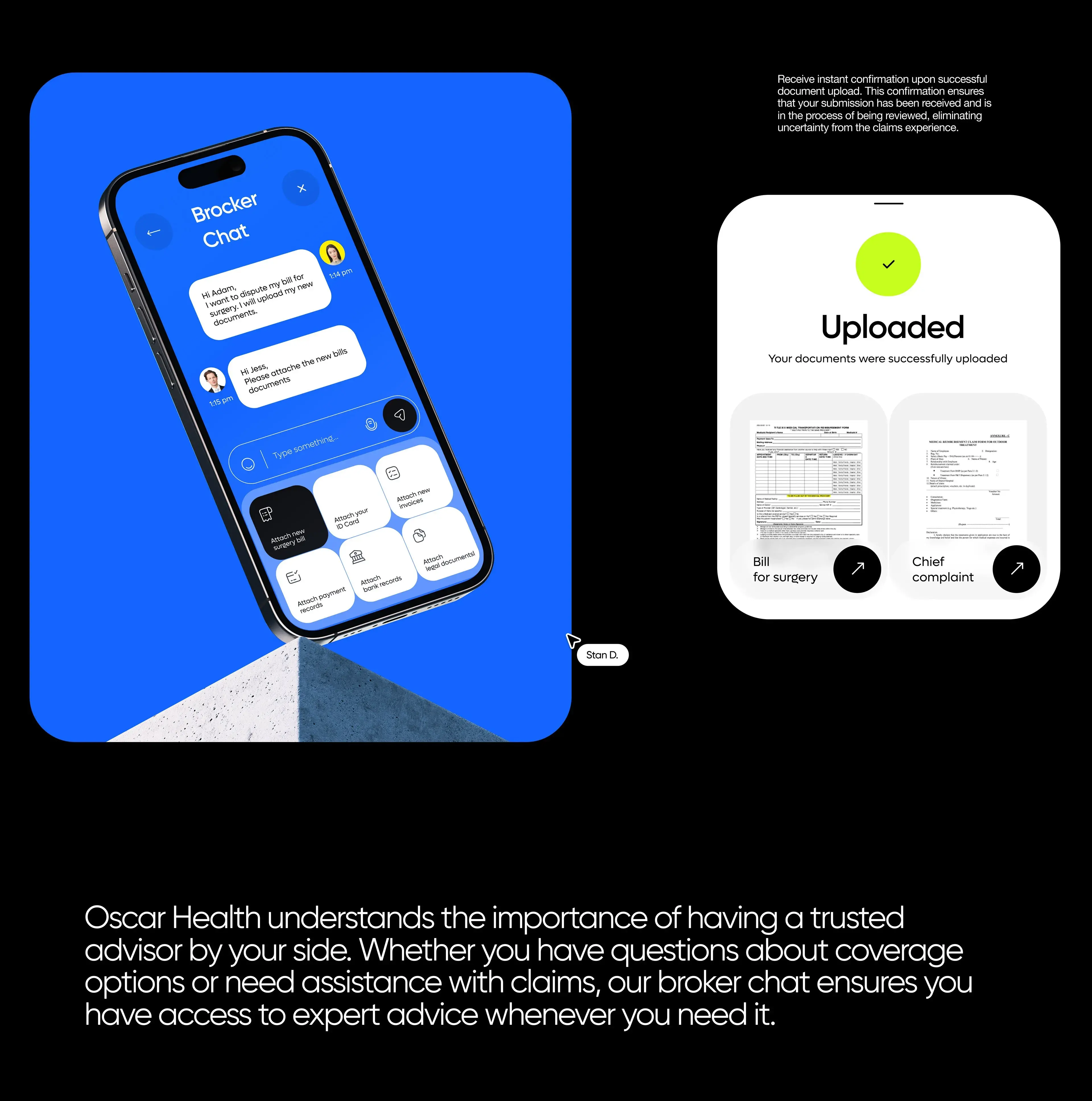 UX/UI design mockup of the Oscar Health mobile app on a smartphone. UX/UI design mockup of the Oscar Health mobile app on a smartphone.