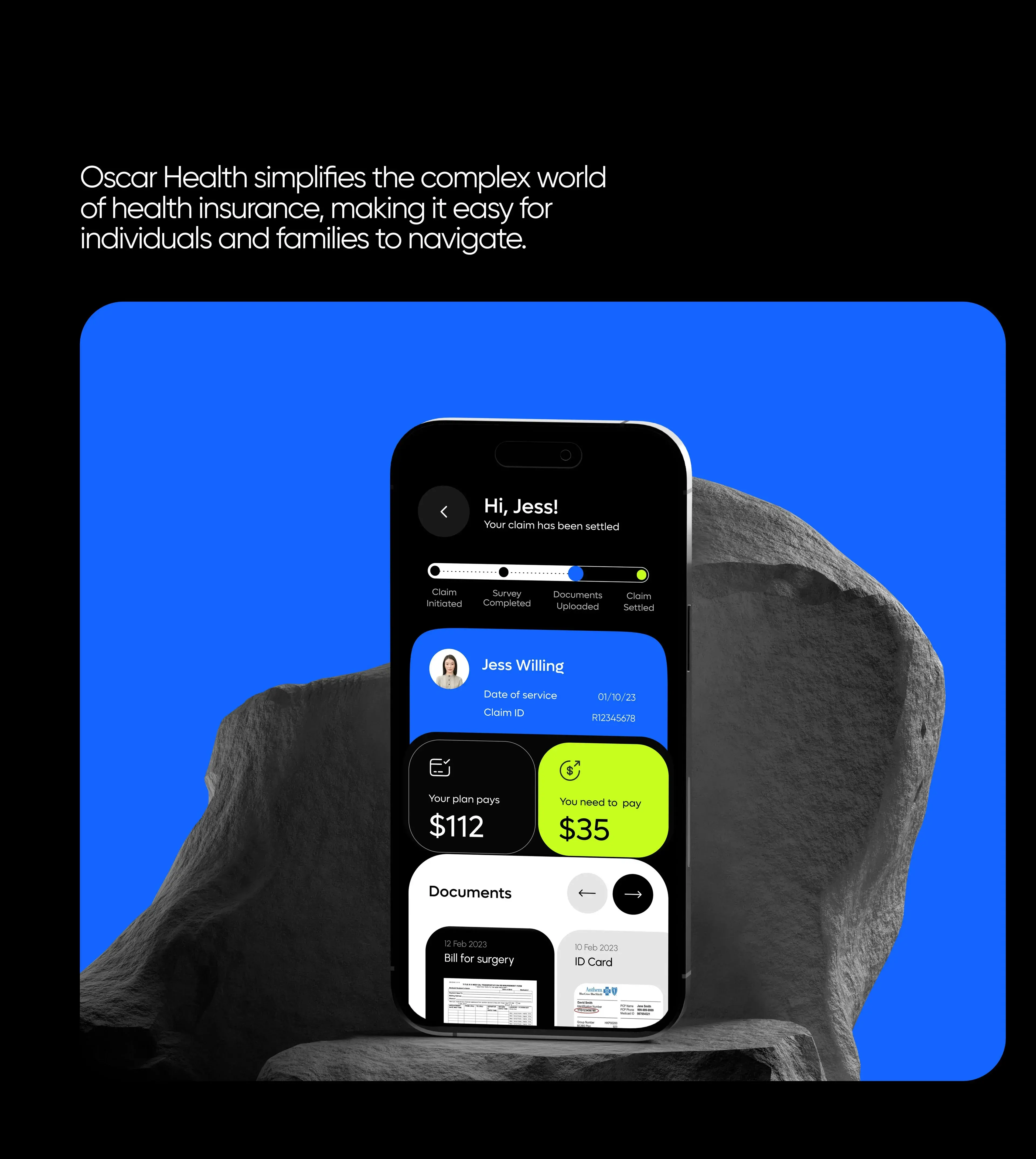 Screenshot of the Oscar Health mobile app interface on a phone. Screenshot of the Oscar Health mobile app interface on a phone.