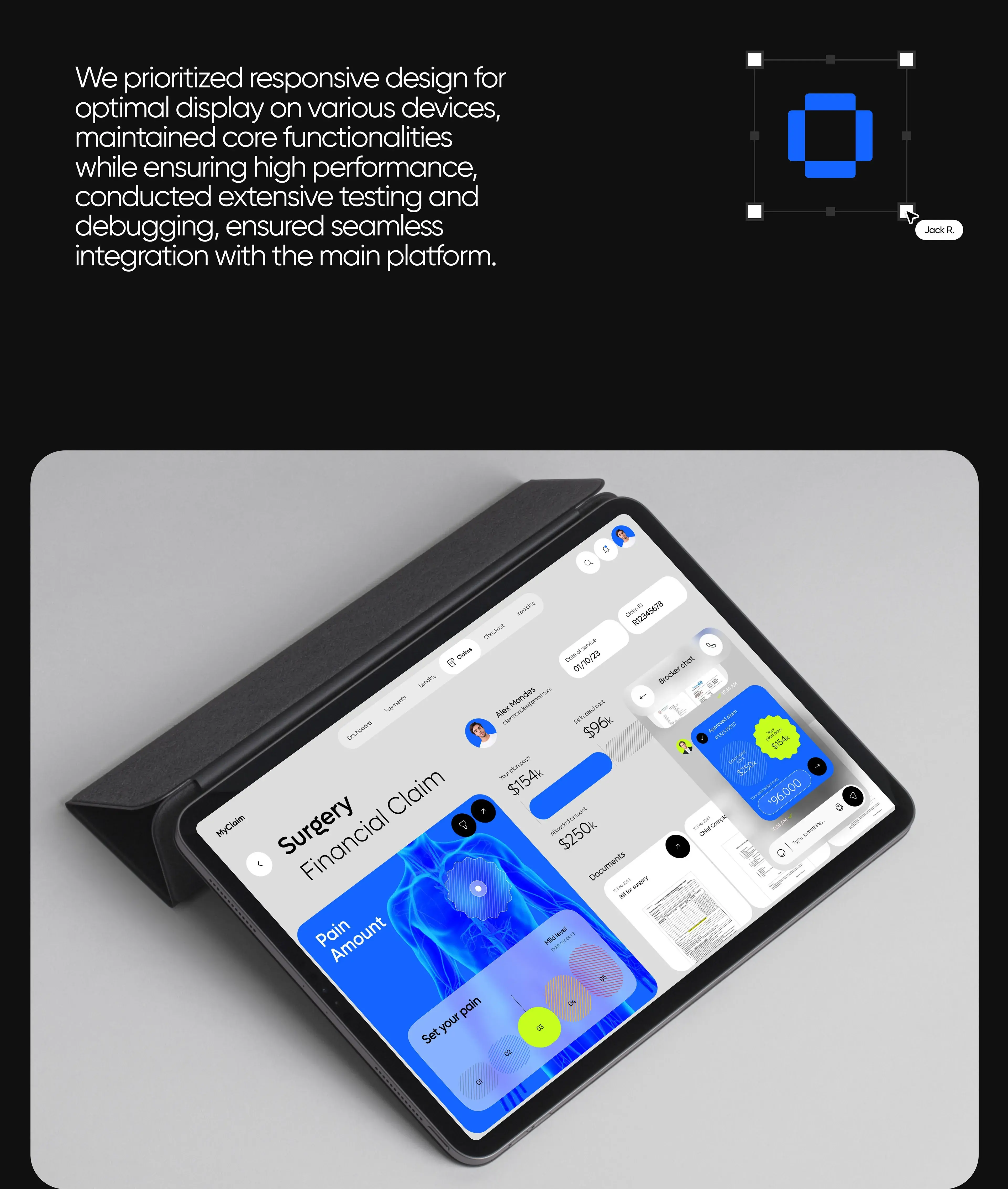 Screenshot of Oscar Health mobile app UI design on a tablet. Screenshot of Oscar Health mobile app UI design on a tablet.