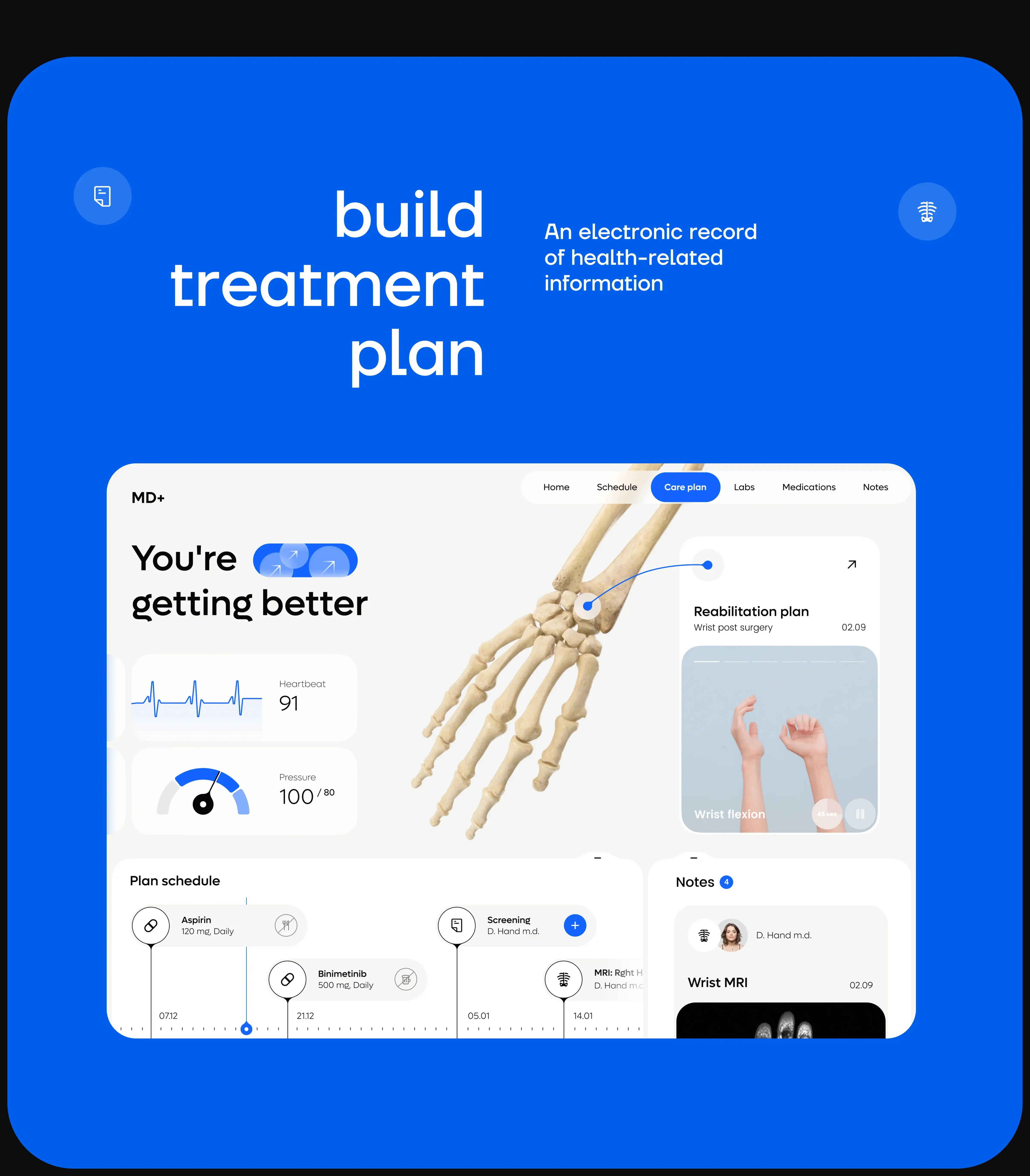 Screenshot of a hand interacting with enterprise healthcare web application UI design.