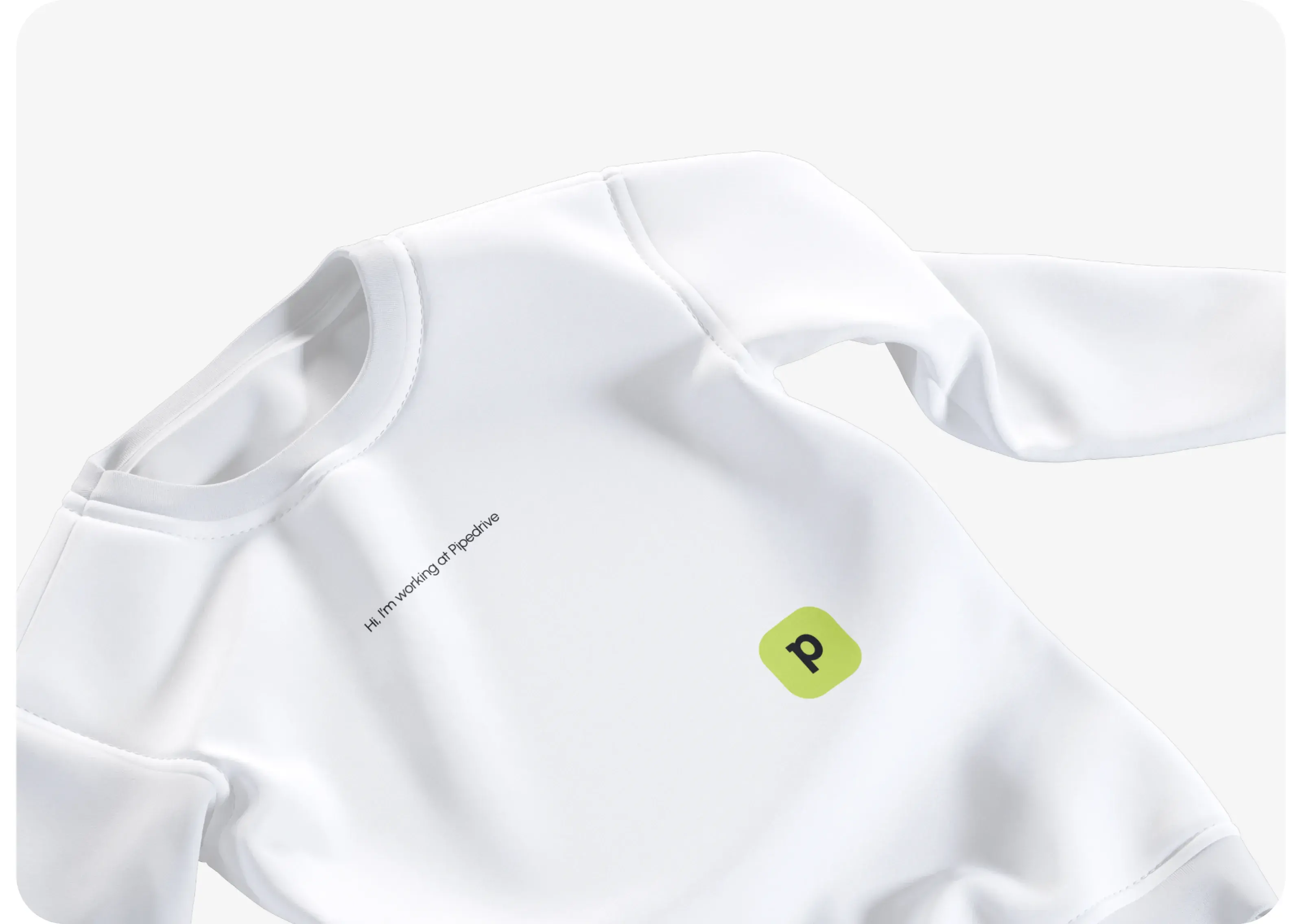 Person wearing shirt with text 'Hi, I'm working at Pipedrive'. Person wearing shirt with text 'Hi, I'm working at Pipedrive'.