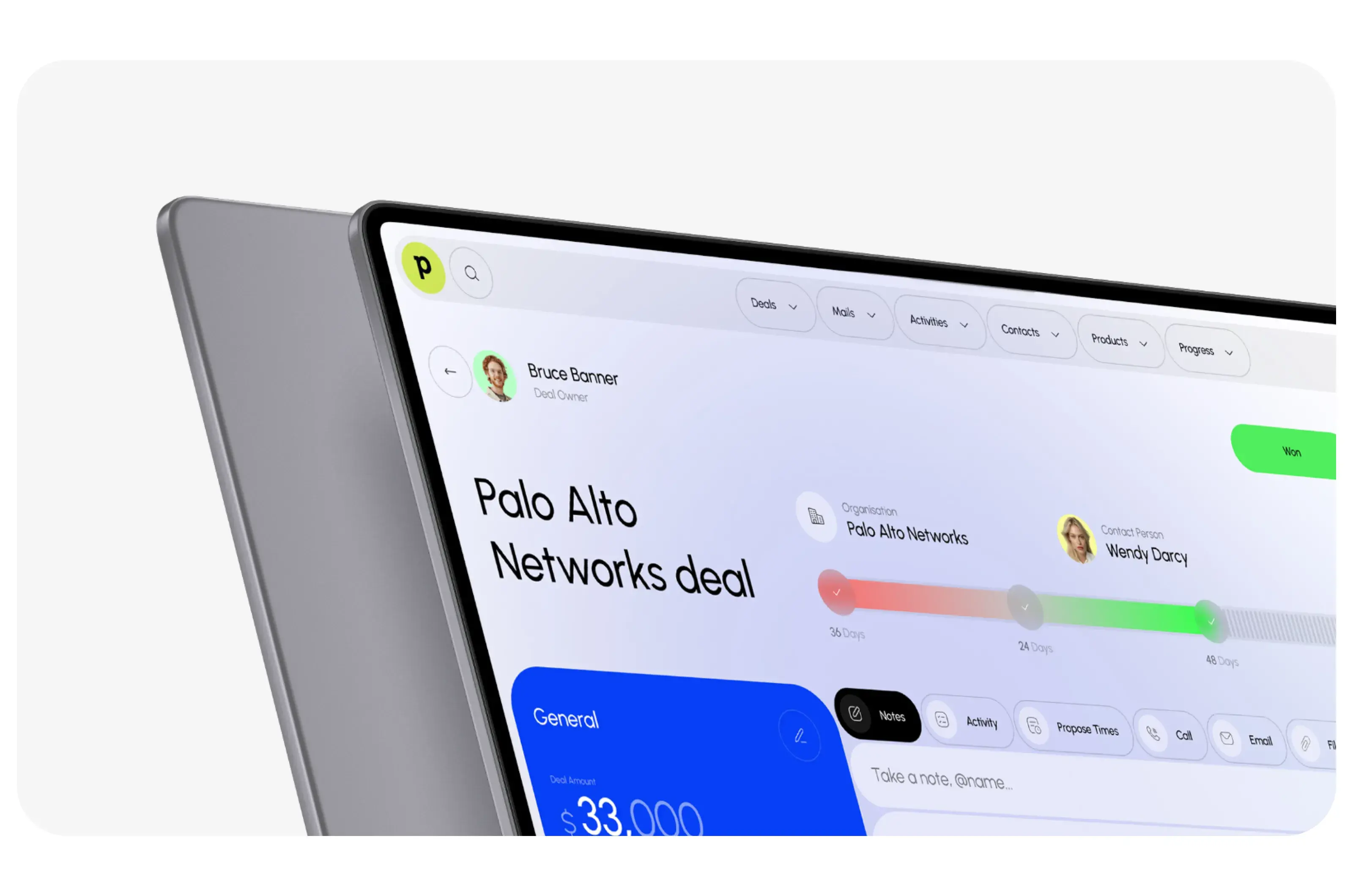 Screenshot of Pipedrive finance CRM UI on a tablet. Screenshot of Pipedrive finance CRM UI on a tablet.