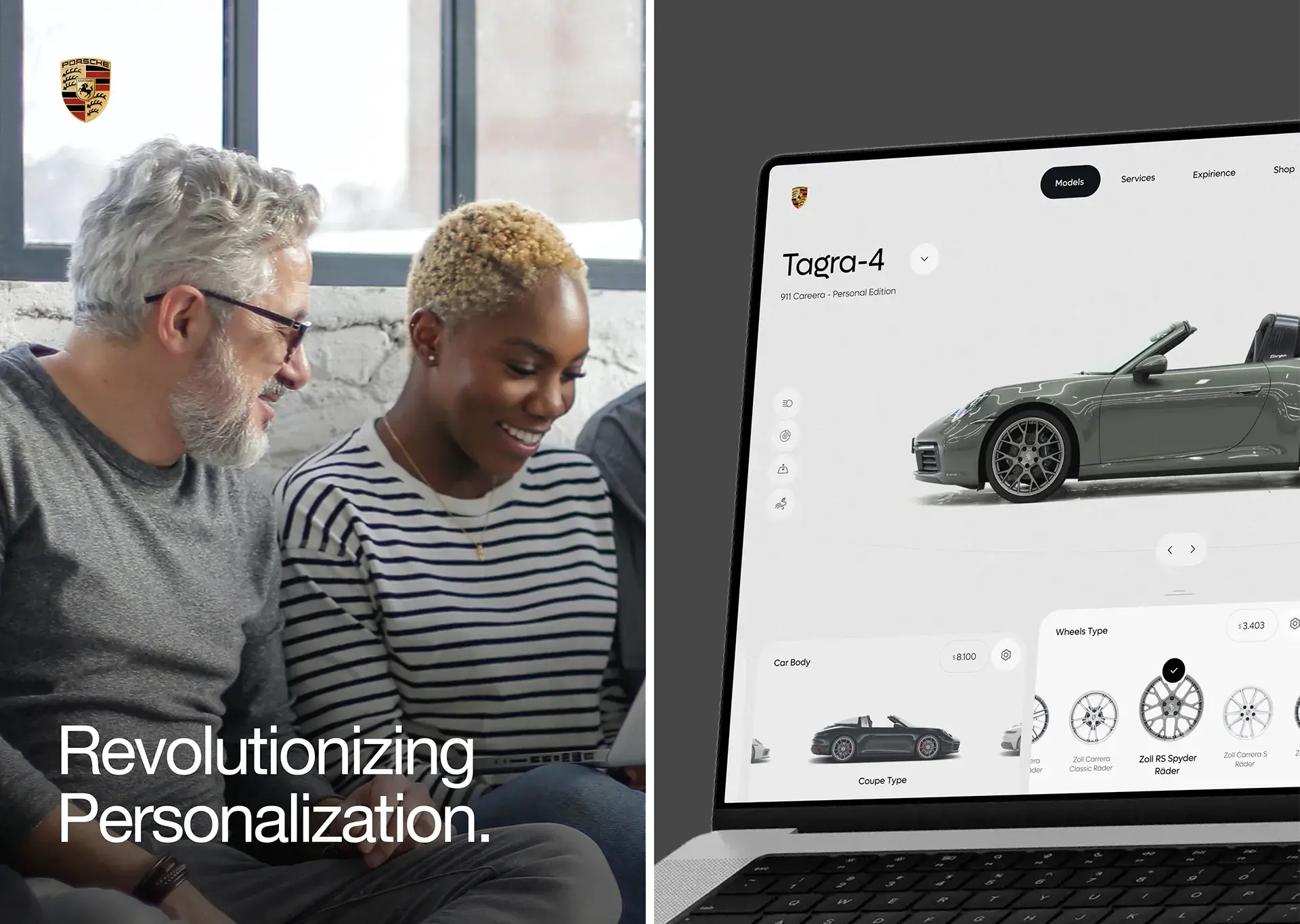 Screenshot of a web application configurator interface showing a sports car. Relevant to automotive UX/UI design. Screenshot of a web application configurator interface showing a sports car. Relevant to automotive UX/UI design.