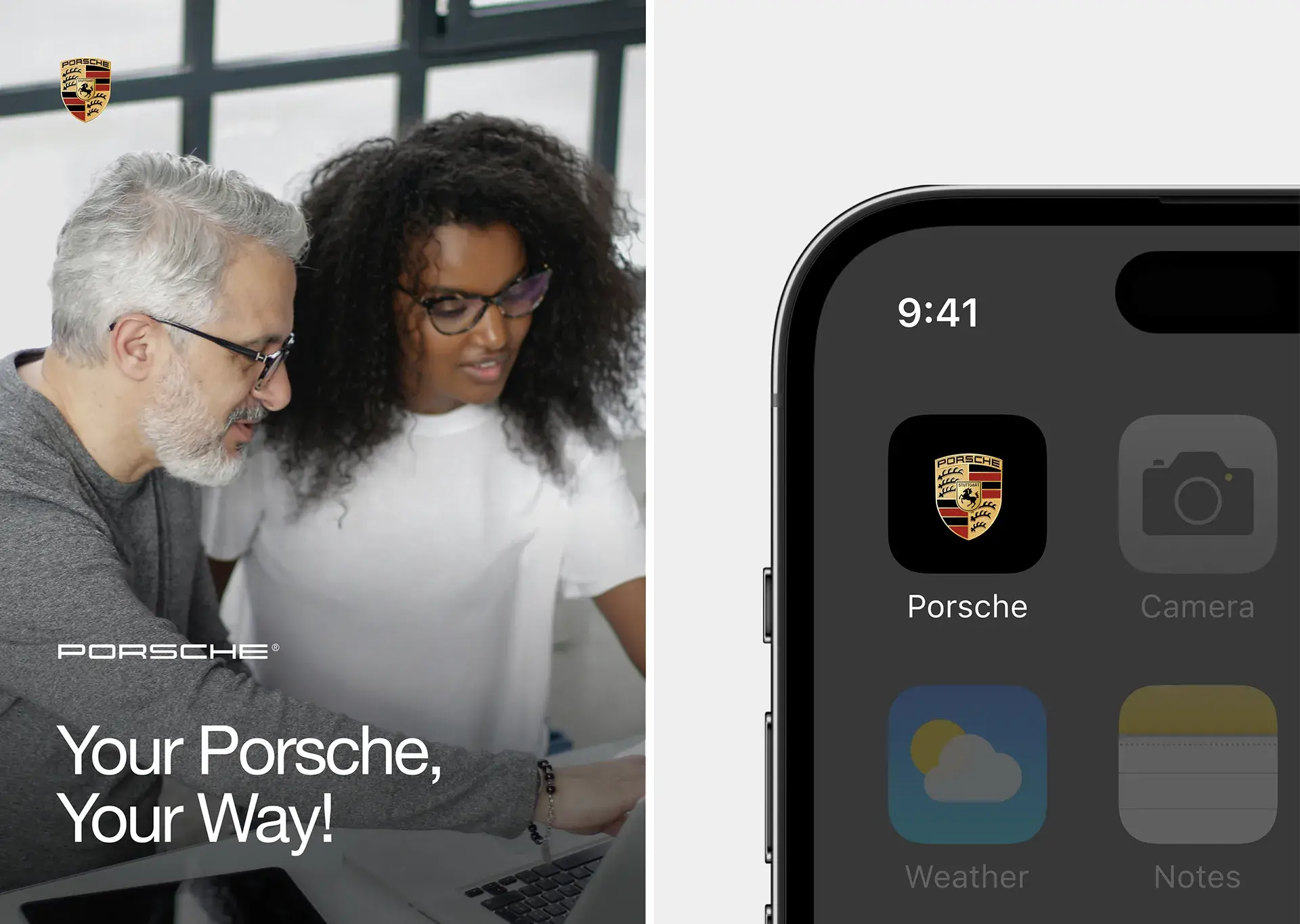 Mobile interface screenshot showing Porsche branding and the configurator phrase "Your Porsche, Your Way!". Mobile interface screenshot showing Porsche branding and the configurator phrase "Your Porsche, Your Way!".