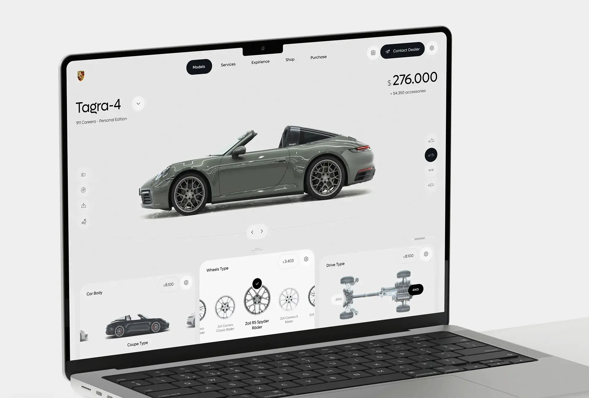 Screenshot of the Porsche 911 configurator web application on a laptop. Screenshot of the Porsche 911 configurator web application on a laptop.