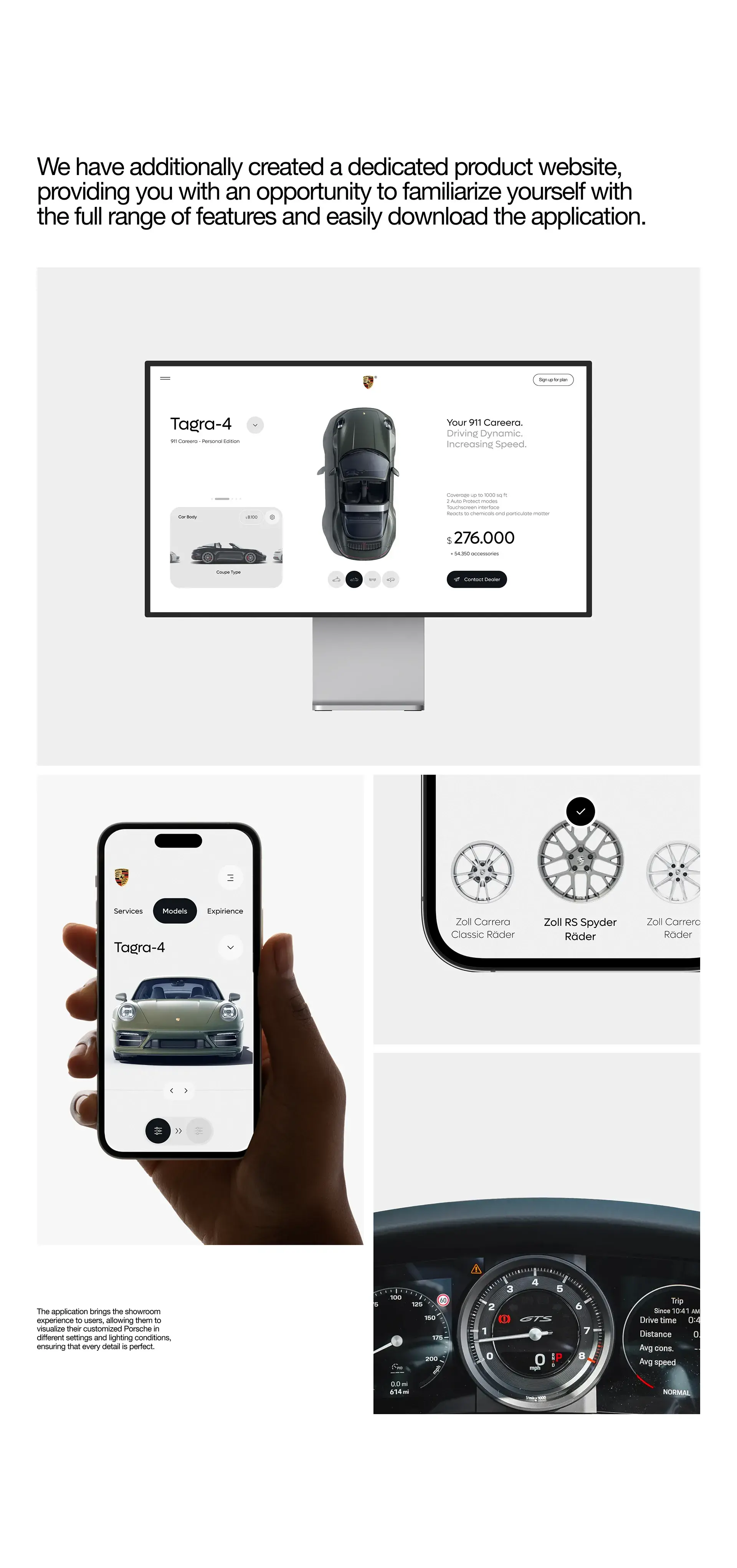 Smartphone screenshot showing the Porsche 911 Targa 4 configurator UX/UI design. Smartphone screenshot showing the Porsche 911 Targa 4 configurator UX/UI design.