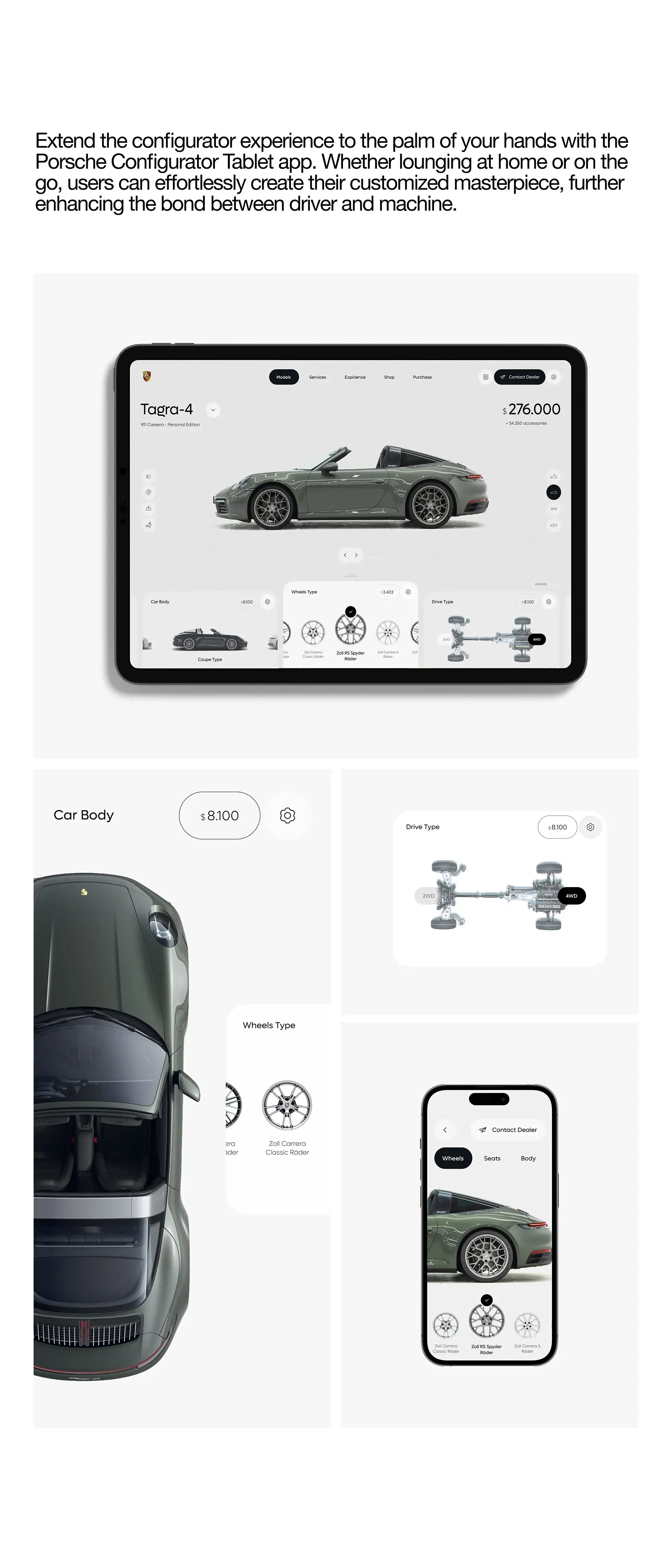 Screenshot of the user interface for the Porsche 911 Targa 4 configurator web application. Screenshot of the user interface for the Porsche 911 Targa 4 configurator web application.