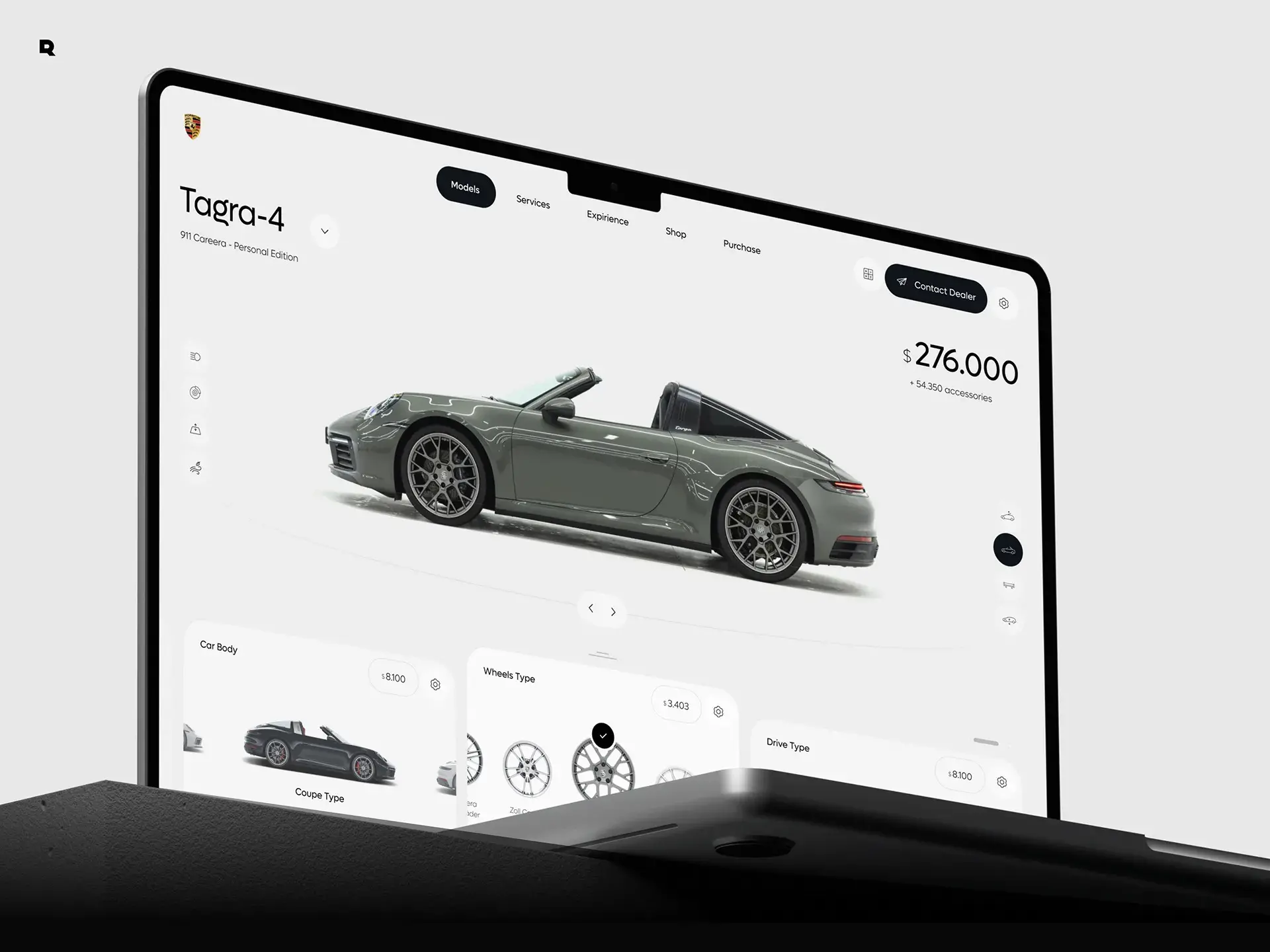 Screenshot of the Porsche 911 Targa 4 web configurator UI design, showing the car and customization options.