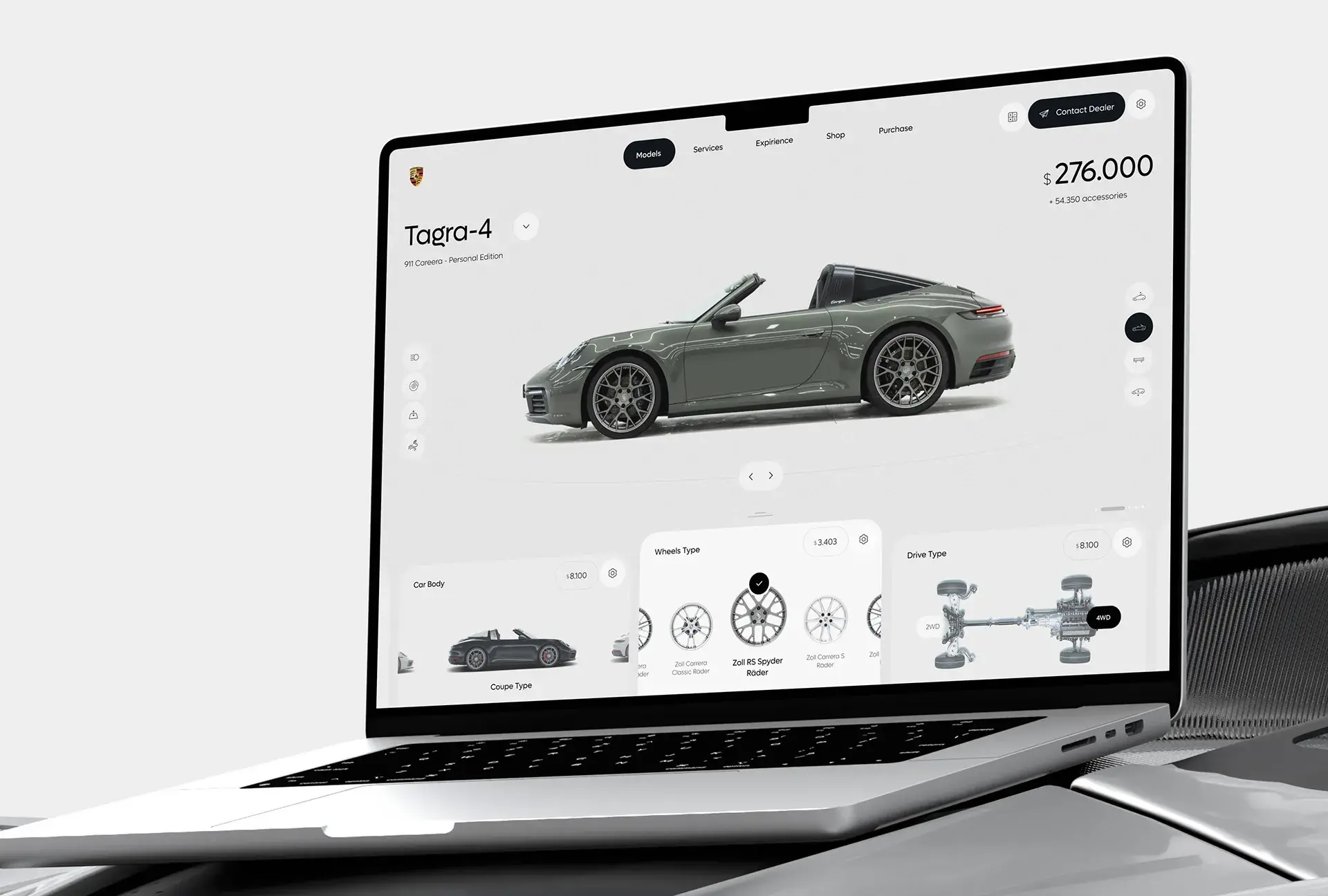 Screenshot of the user interface for the Porsche 911 Targa 4 configurator on a laptop. Screenshot of the user interface for the Porsche 911 Targa 4 configurator on a laptop.