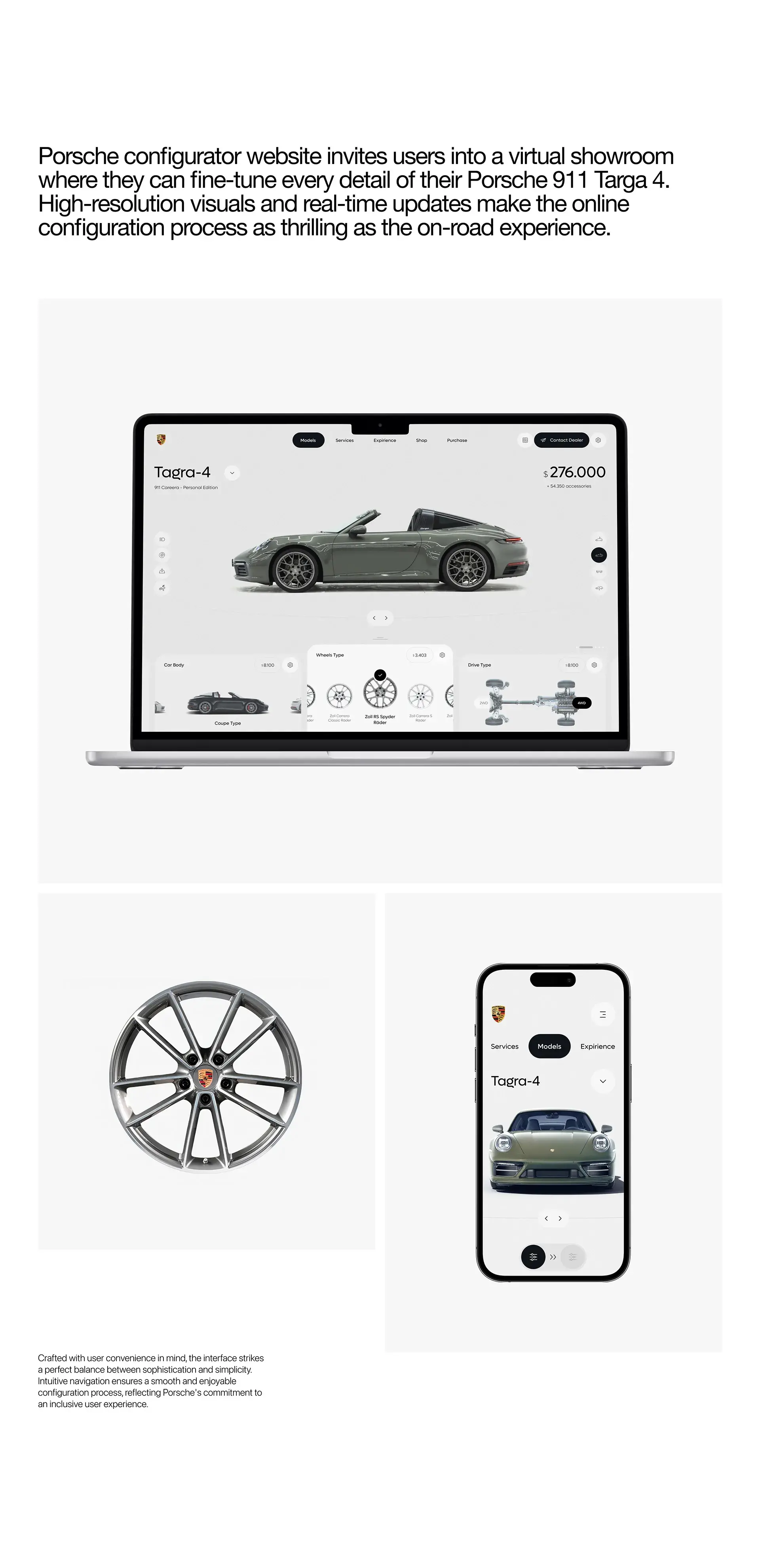 Screenshot of the Porsche 911 Targa 4 within the vehicle configurator web application design. Screenshot of the Porsche 911 Targa 4 within the vehicle configurator web application design.