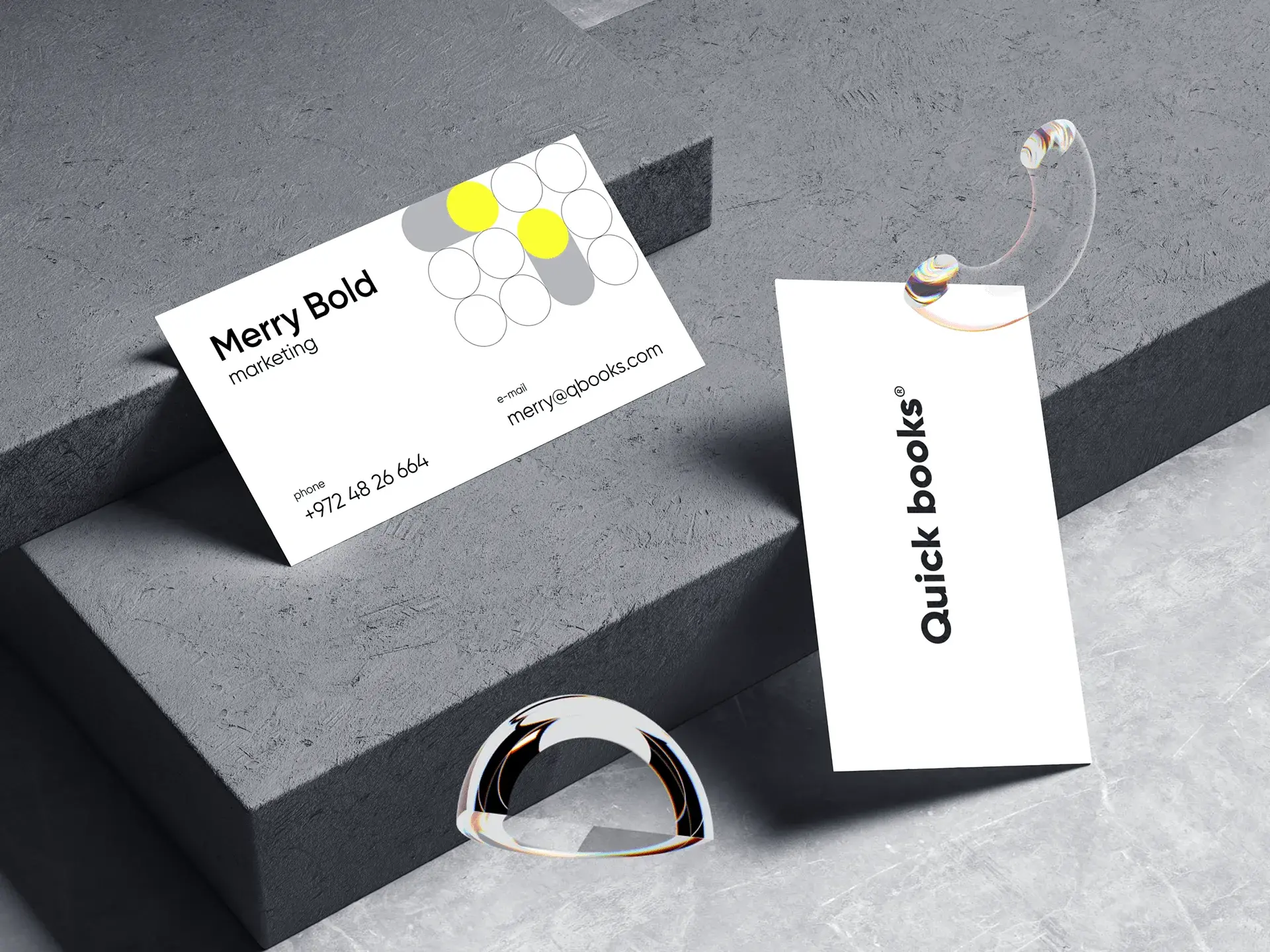 Business card design with Quickbooks branding and contact information for Merry Bold marketing.