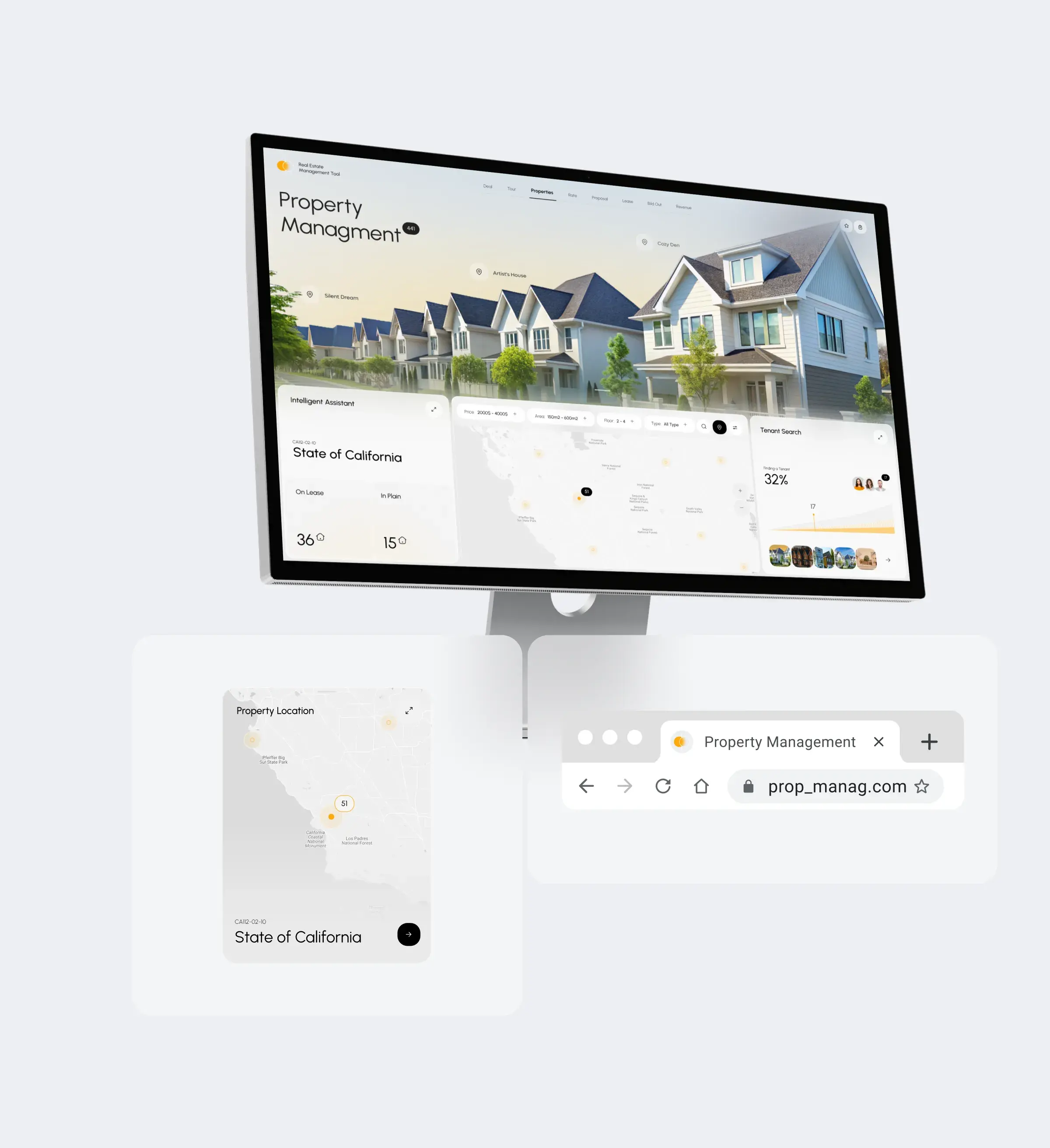 Screenshot of the user interface for the real estate management web application, showing a dashboard element. Screenshot of the user interface for the real estate management web application, showing a dashboard element.